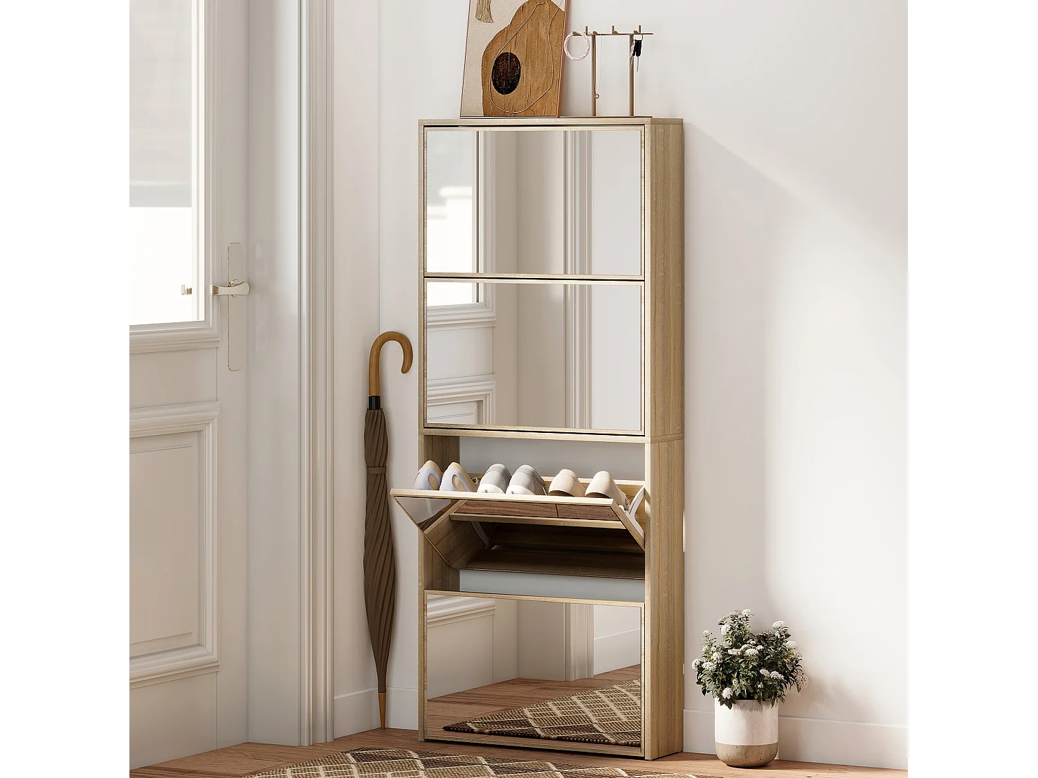 Mobile scarpiera a 4 ante a specchio 63x17x146 cm color legno