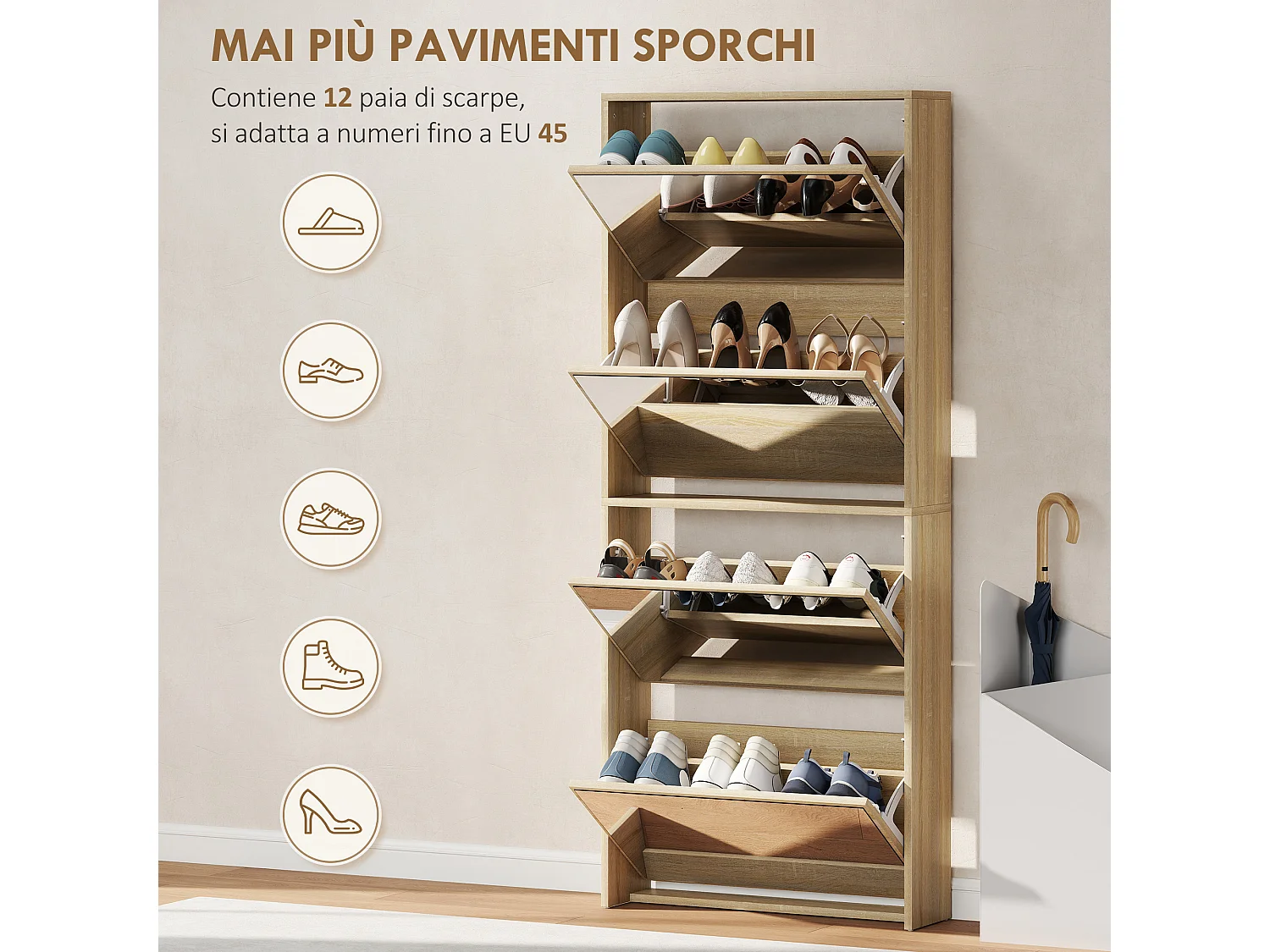 Mobile scarpiera a 4 ante a specchio 63x17x146 cm color legno