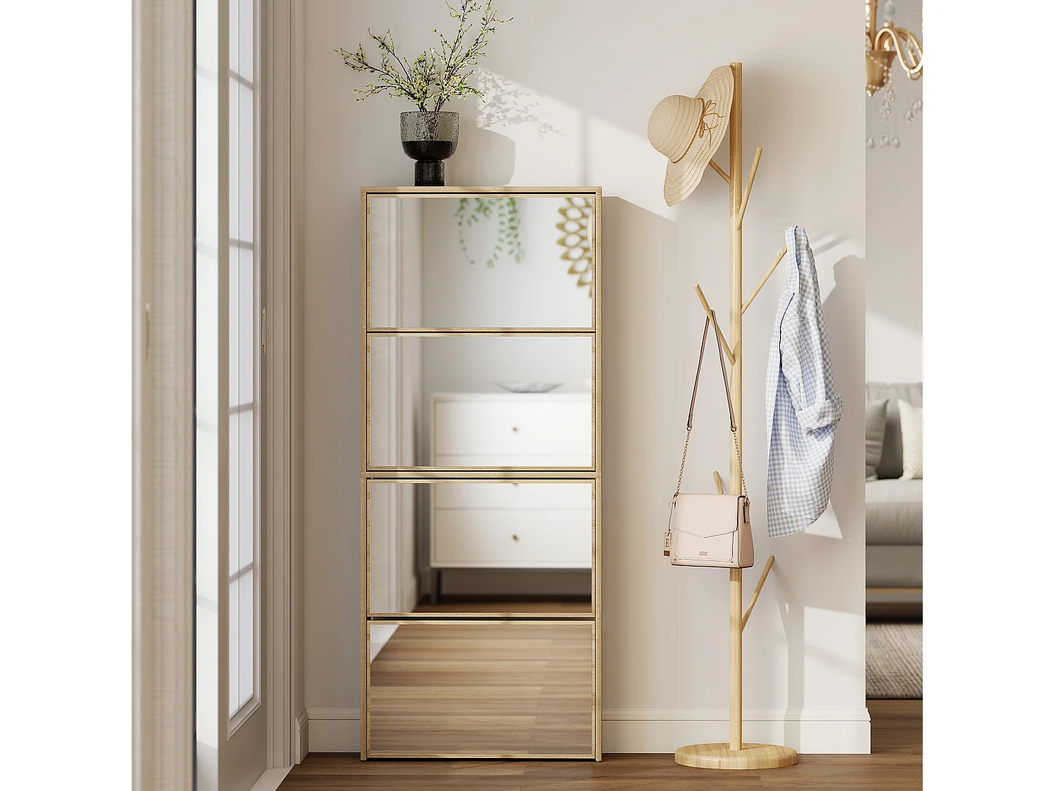 Mobile scarpiera a 4 ante a specchio 63x17x146 cm color legno