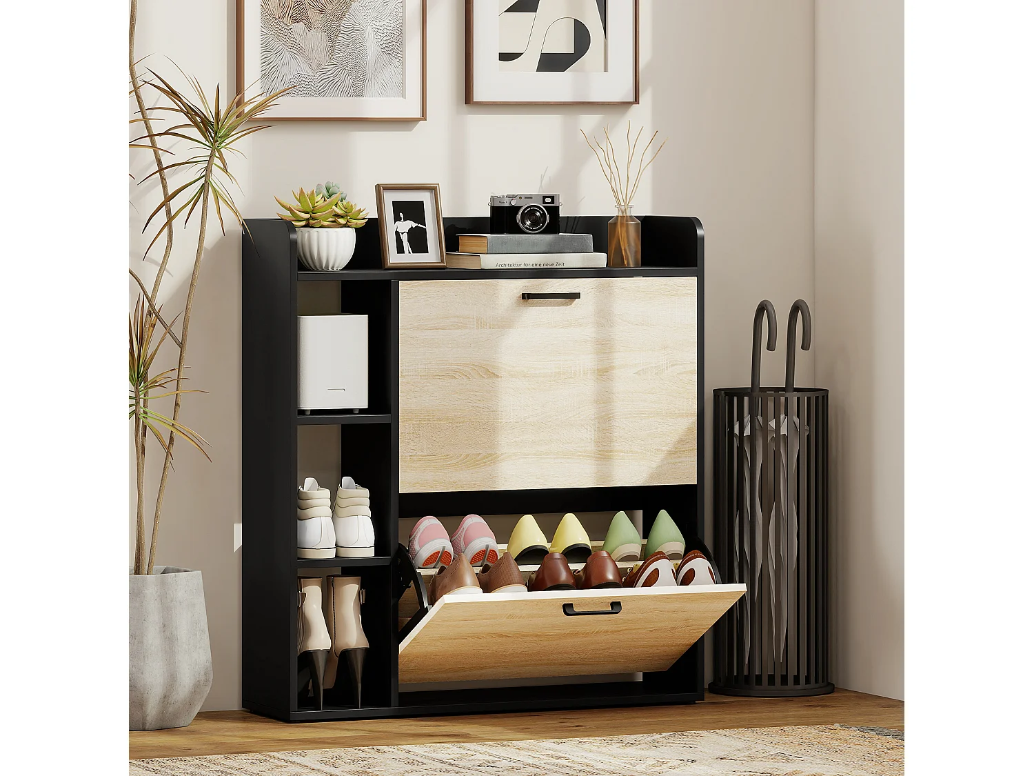Scarpiera slim con 2 cassetti e 3 vani aperti per 15 scarpe nero