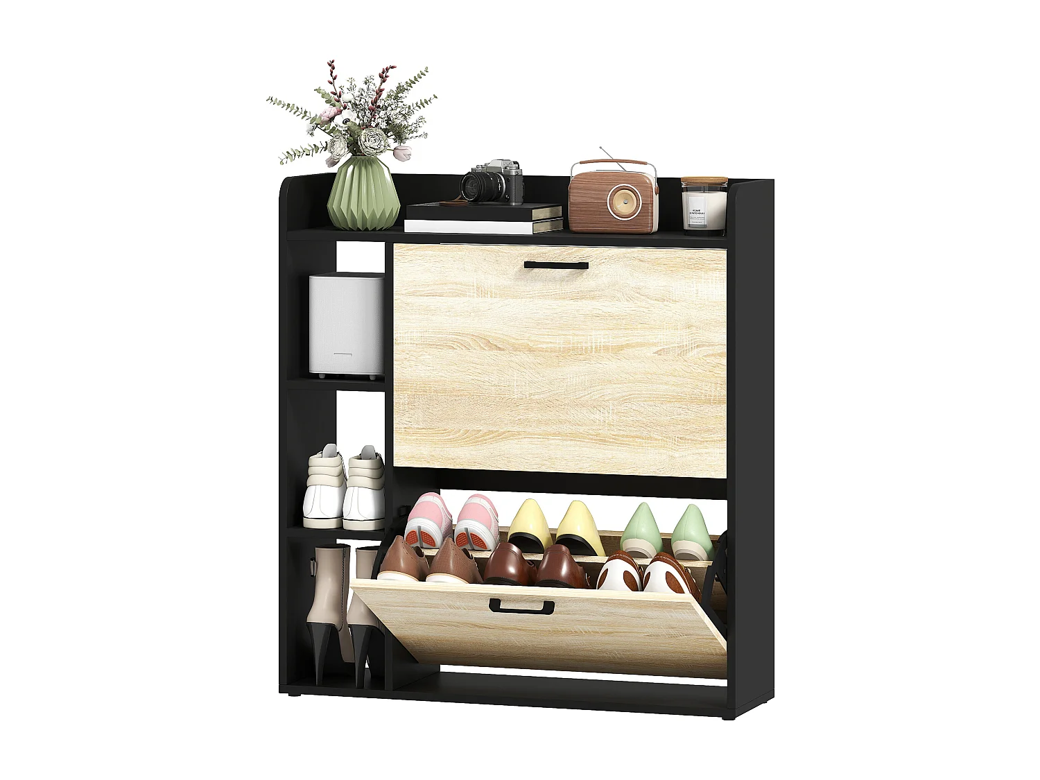 Scarpiera slim con 2 cassetti e 3 vani aperti per 15 scarpe nero