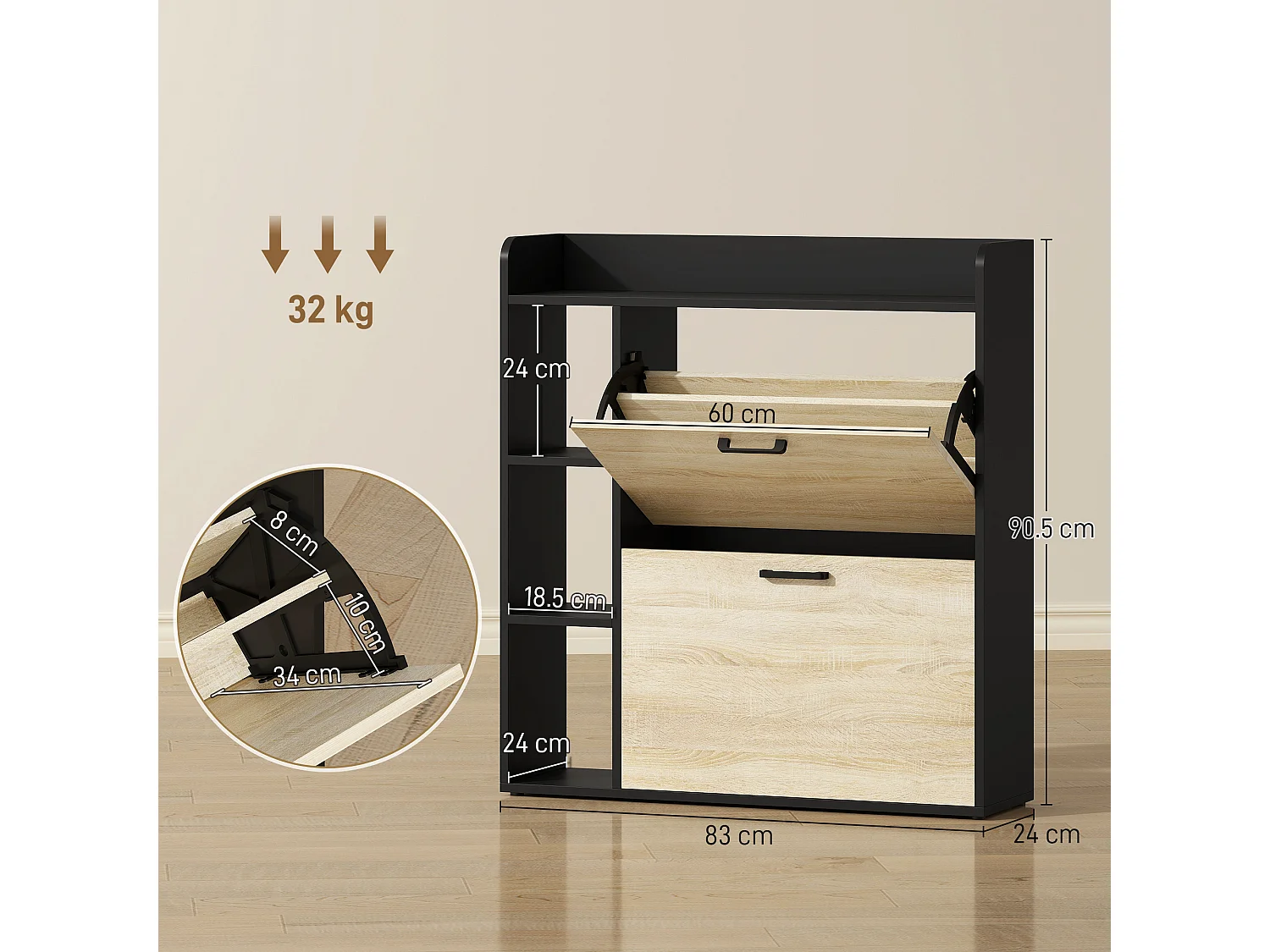 Scarpiera slim con 2 cassetti e 3 vani aperti per 15 scarpe nero