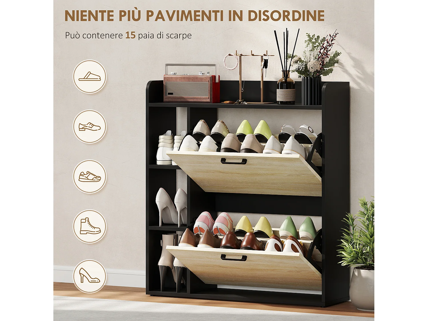 Scarpiera slim con 2 cassetti e 3 vani aperti per 15 scarpe nero