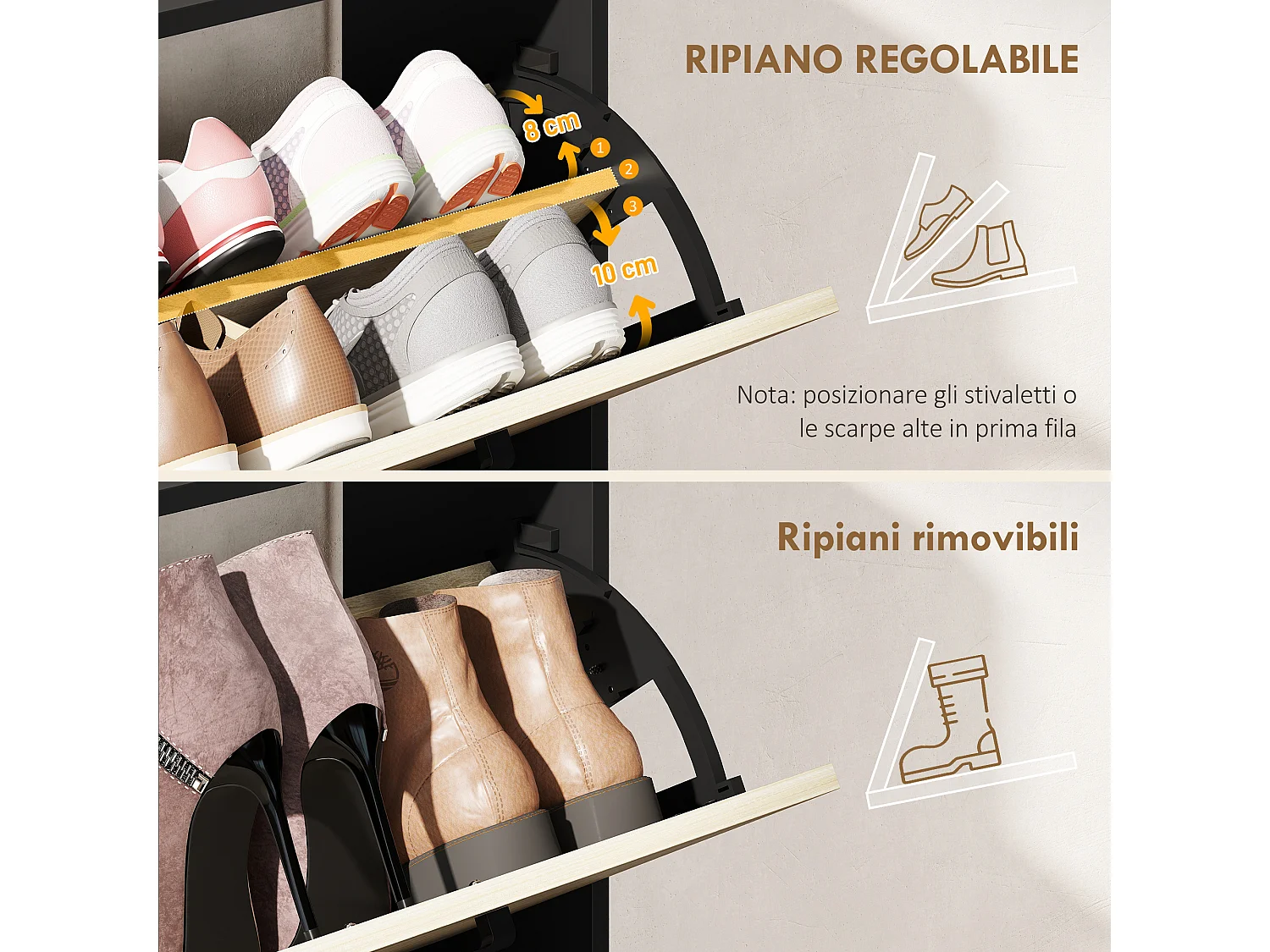 Scarpiera slim con 2 cassetti e 3 vani aperti per 15 scarpe nero