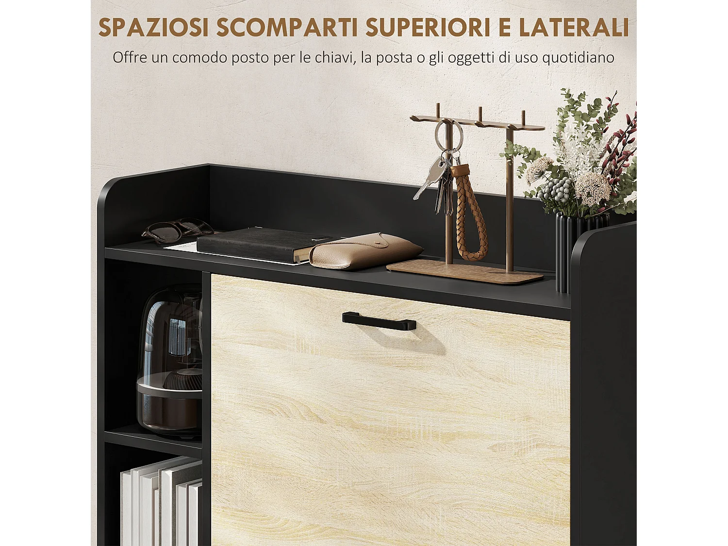 Scarpiera slim con 2 cassetti e 3 vani aperti per 15 scarpe nero