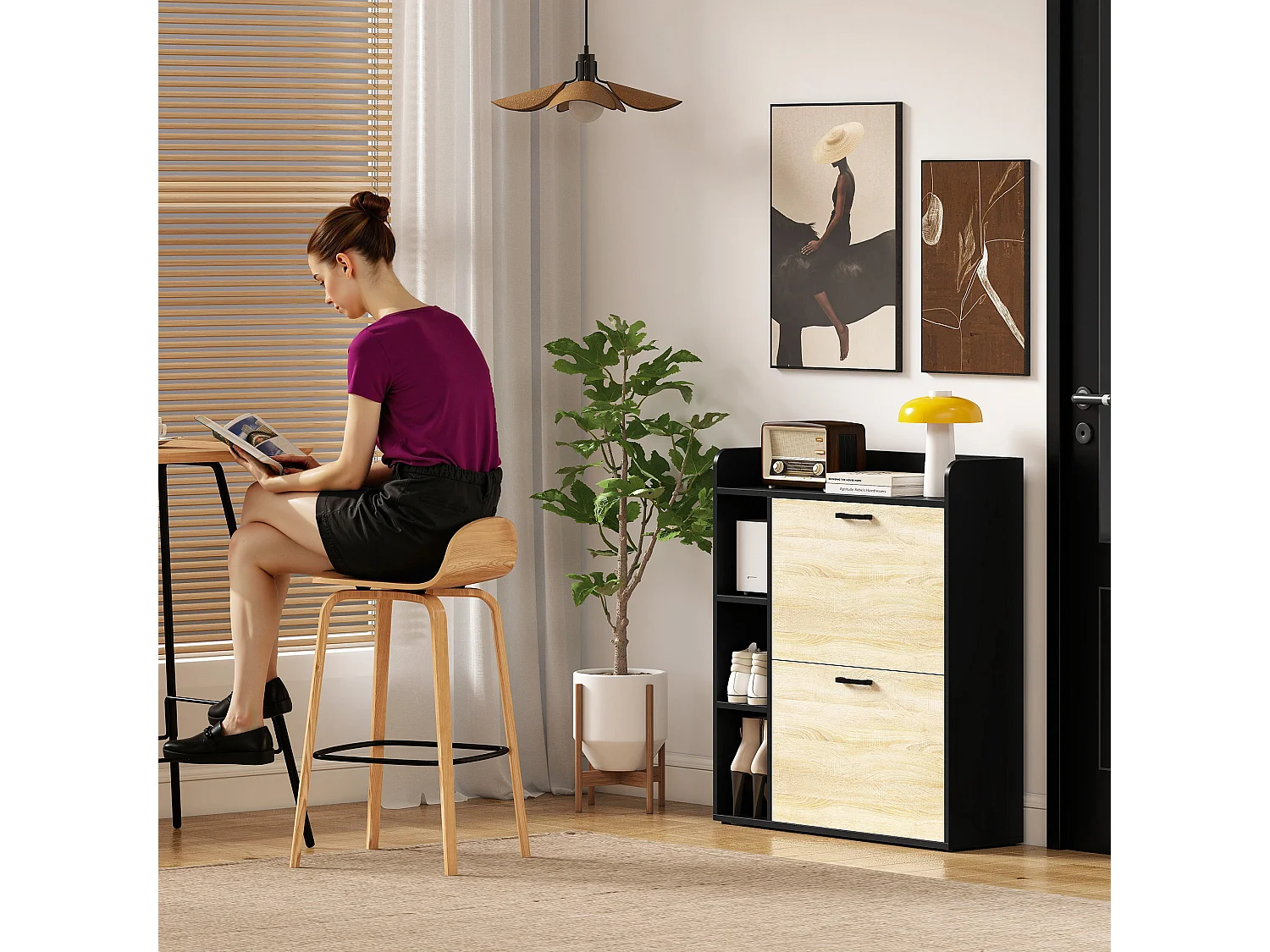 Scarpiera slim con 2 cassetti e 3 vani aperti per 15 scarpe nero