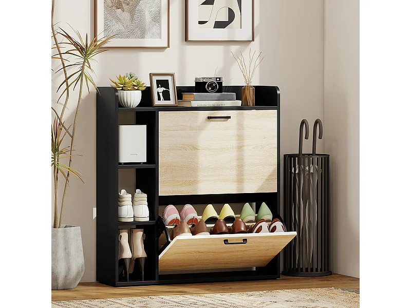 Scarpiera slim con 2 cassetti e 3 vani aperti per 15 scarpe nero