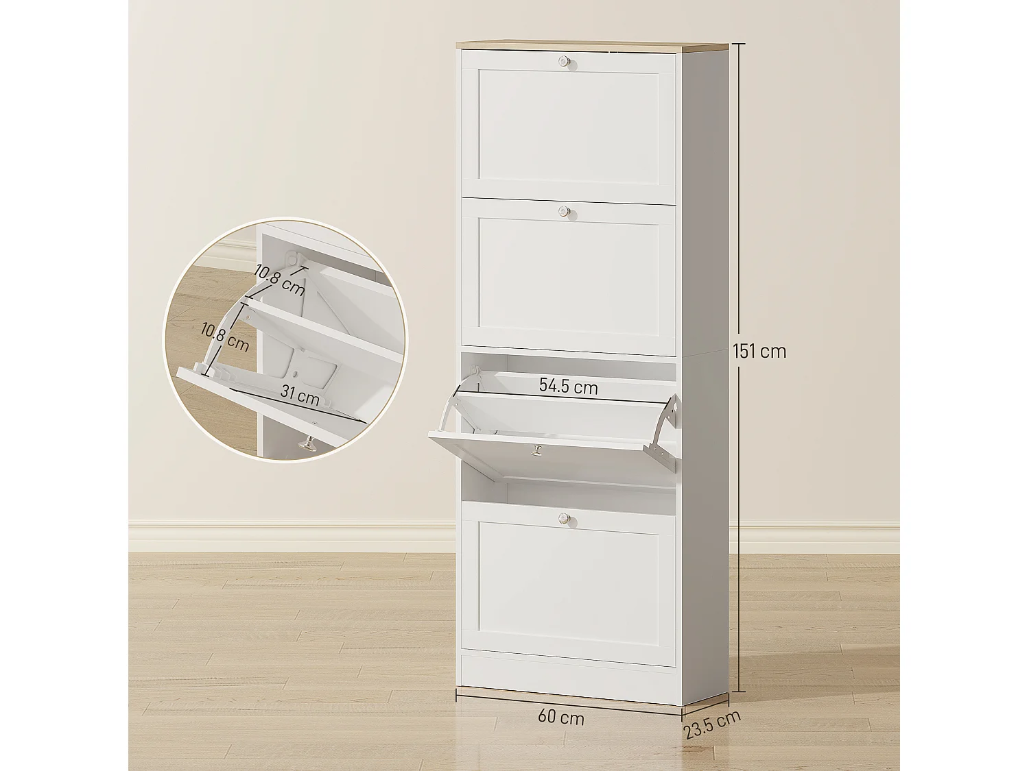 Scarpiera salvaspazio a 4 cassetti con ripiani regolabili bianco