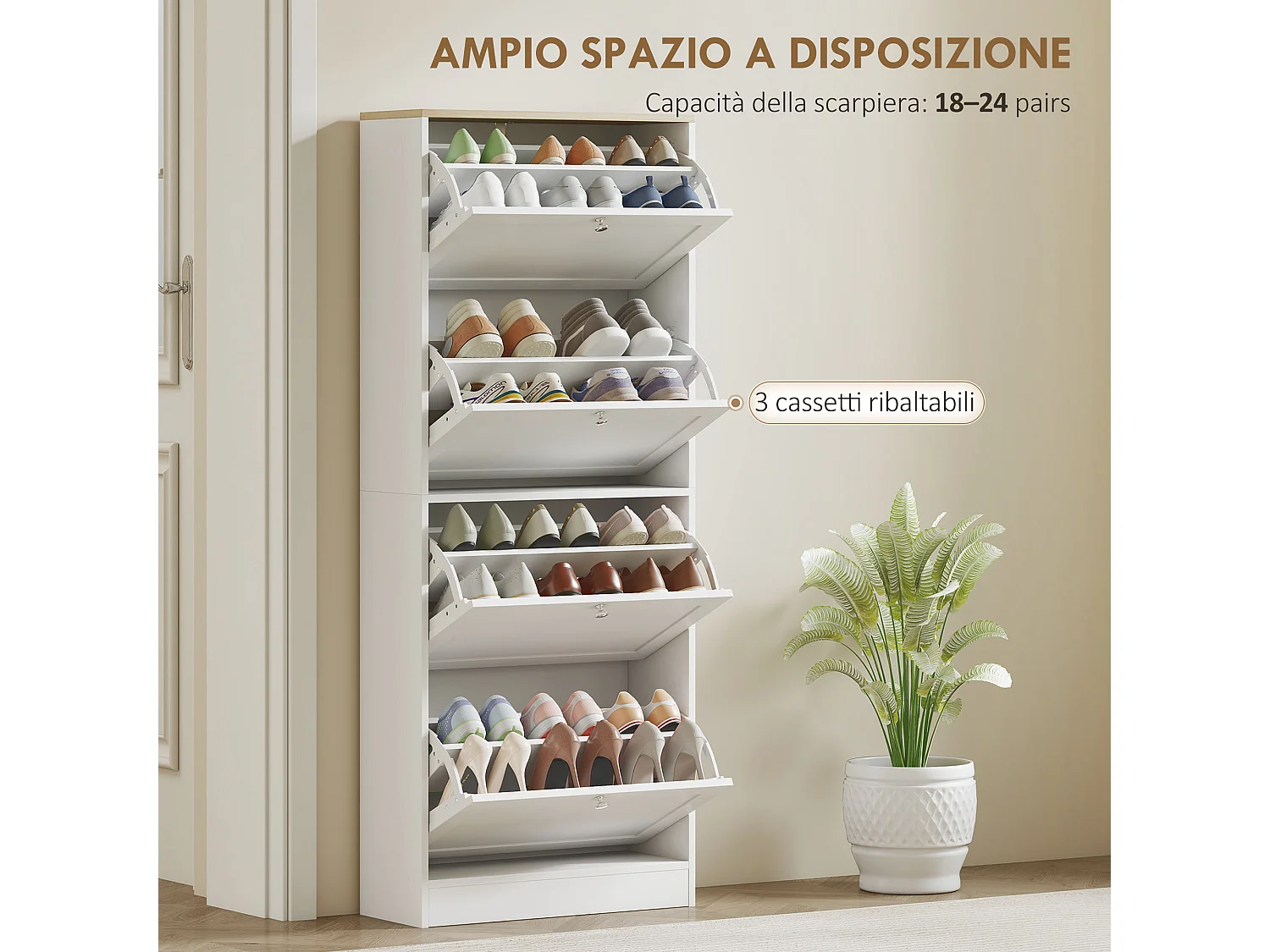 Scarpiera salvaspazio a 4 cassetti con ripiani regolabili bianco