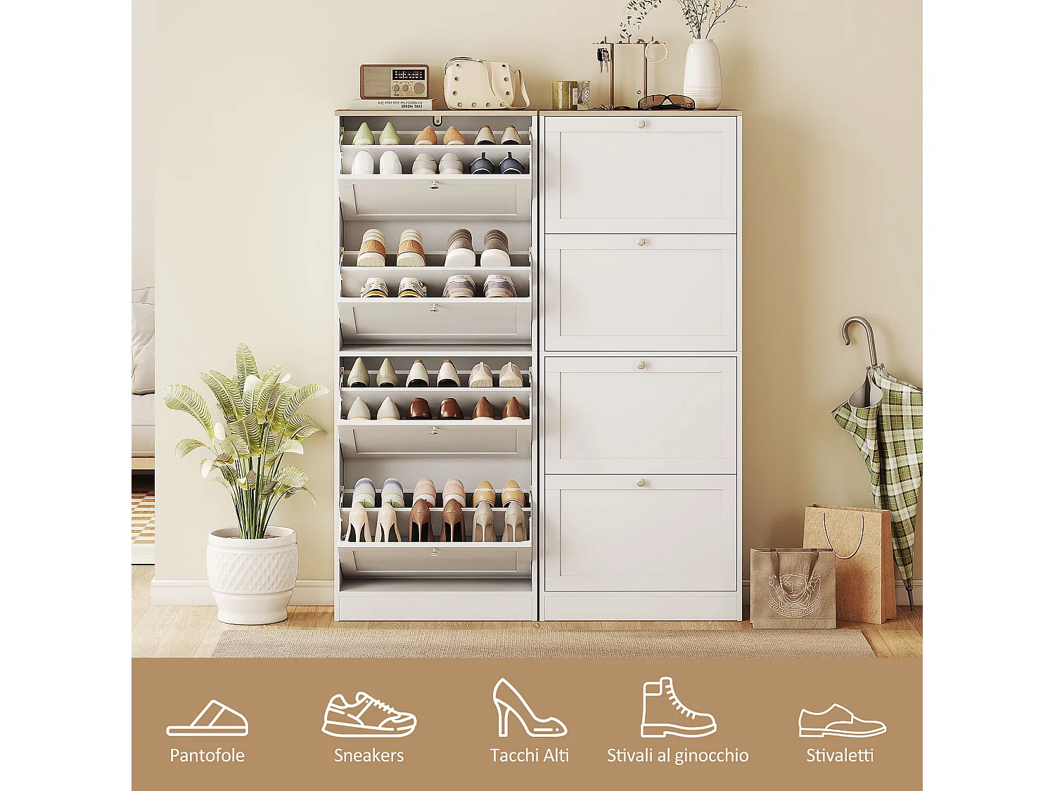 Scarpiera salvaspazio a 4 cassetti con ripiani regolabili bianco