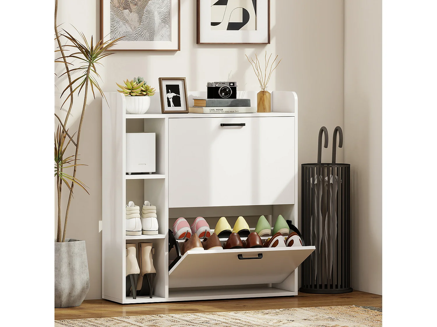 Scarpiera slim con 2 cassetti e 3 vani aperti per 15 scarpe bianco