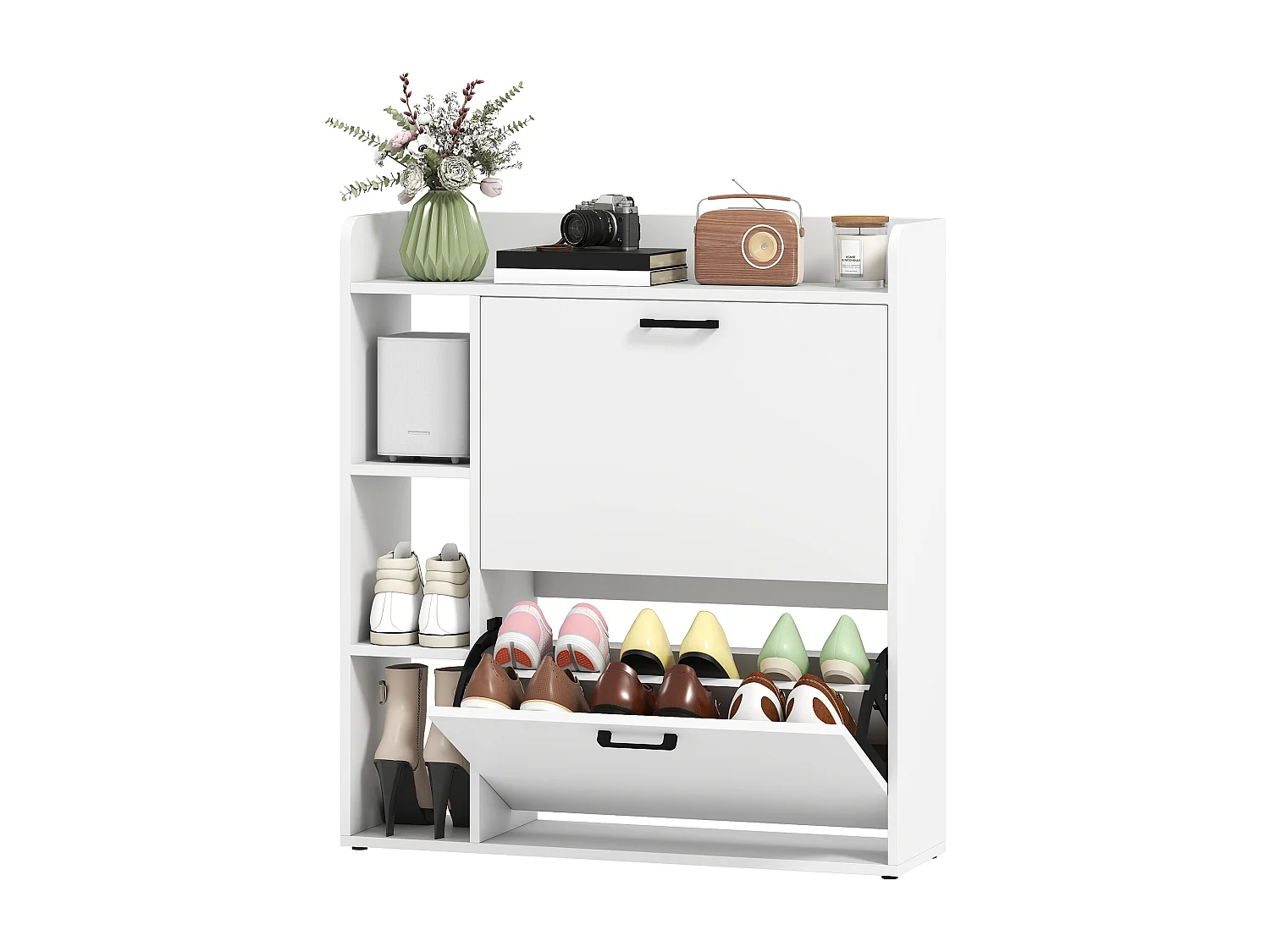 Scarpiera slim con 2 cassetti e 3 vani aperti per 15 scarpe bianco