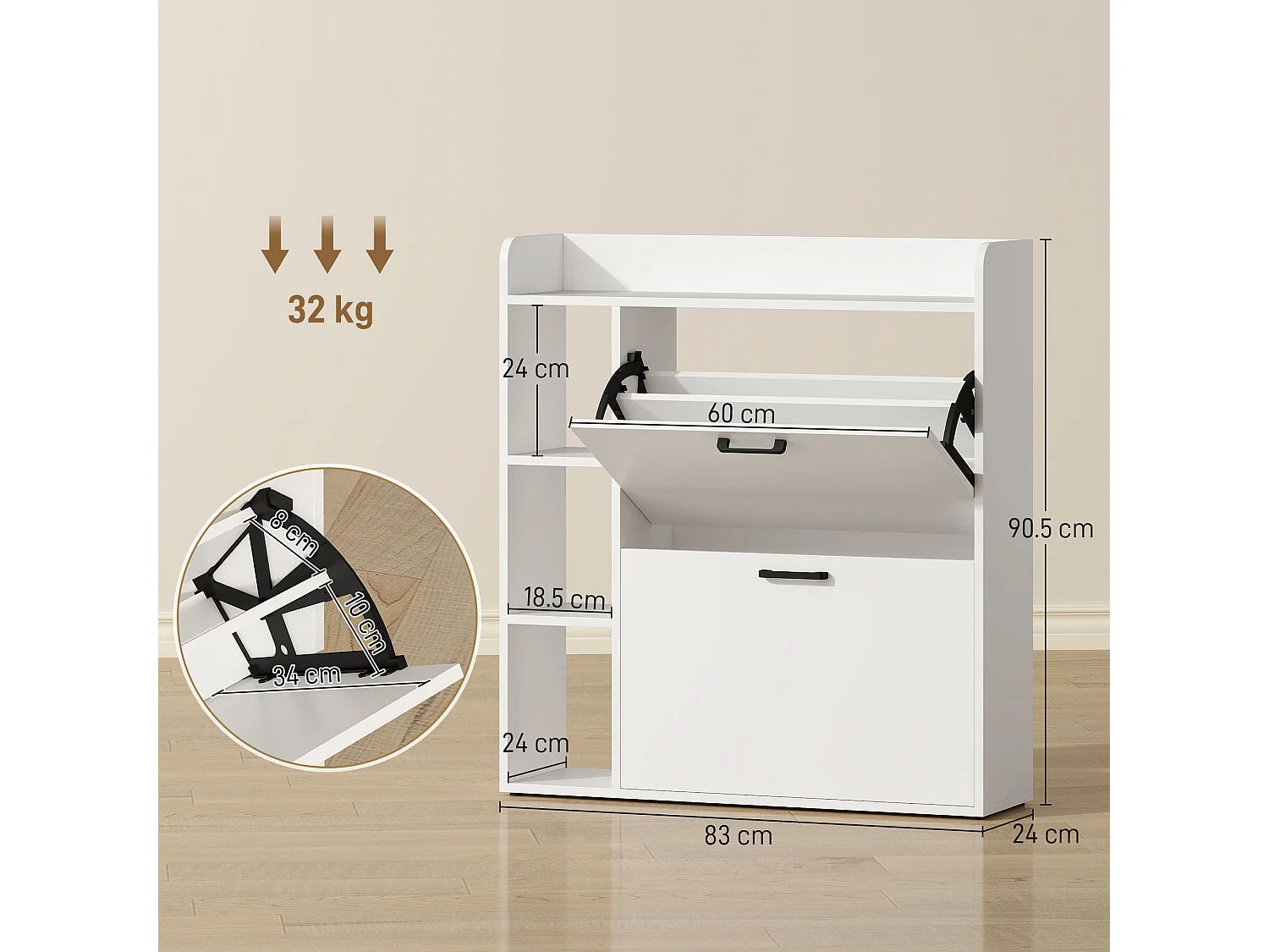 Scarpiera slim con 2 cassetti e 3 vani aperti per 15 scarpe bianco