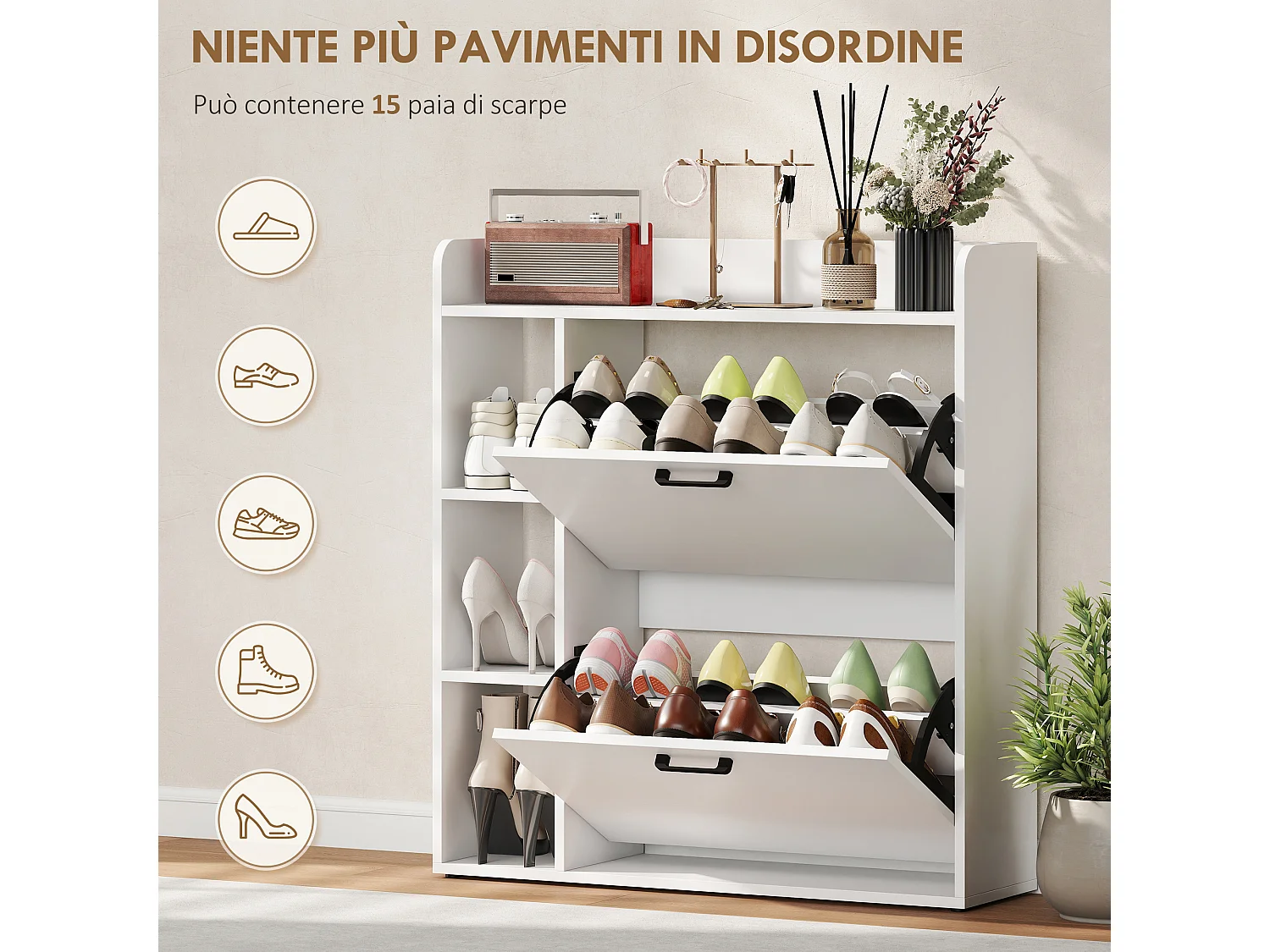 Scarpiera slim con 2 cassetti e 3 vani aperti per 15 scarpe bianco