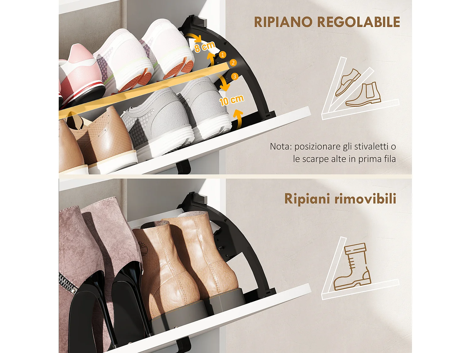 Scarpiera slim con 2 cassetti e 3 vani aperti per 15 scarpe bianco