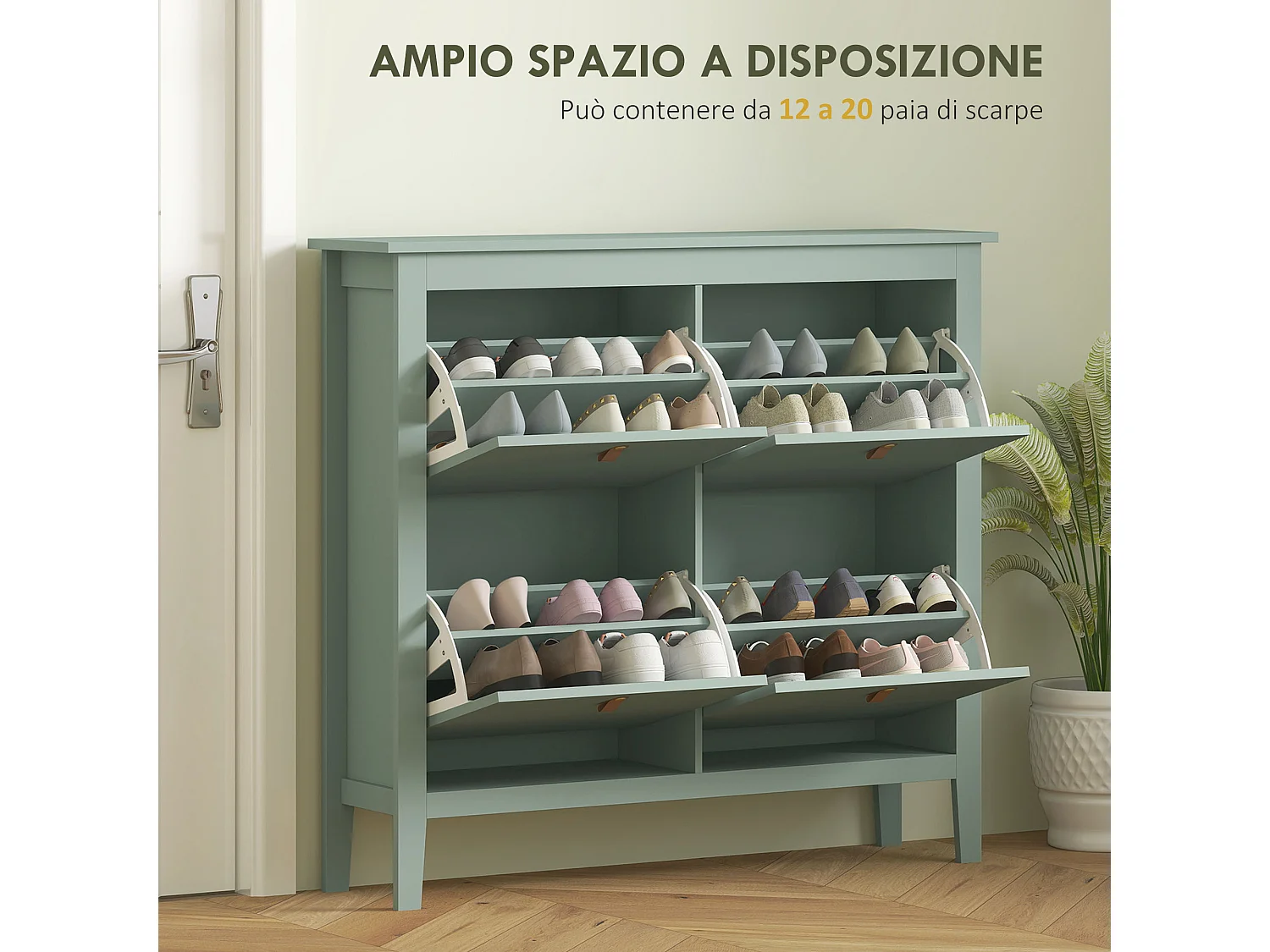 Scarpiera slim a 4 cassetti per 20 paia di scarpe regolabile verde