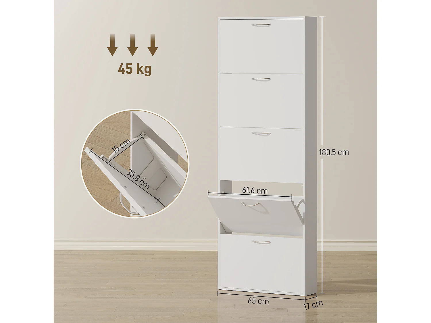 Mobile scarpiera a 5 ante 65x17x180.5 cm in legno bianco