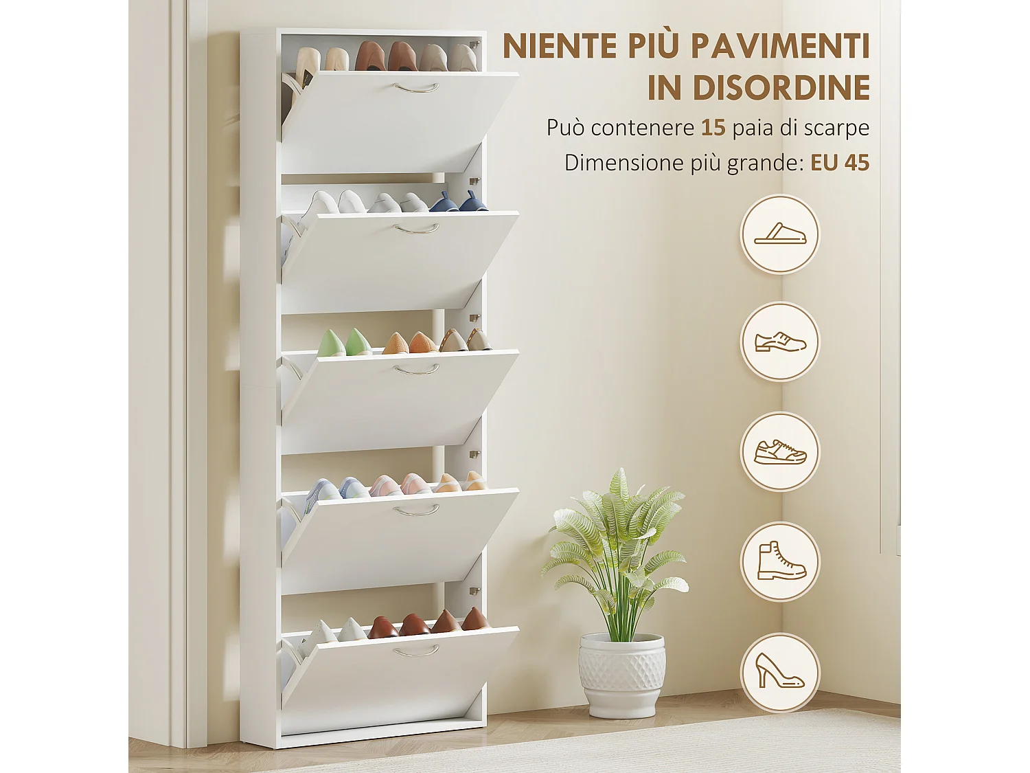 Mobile scarpiera a 5 ante 65x17x180.5 cm in legno bianco