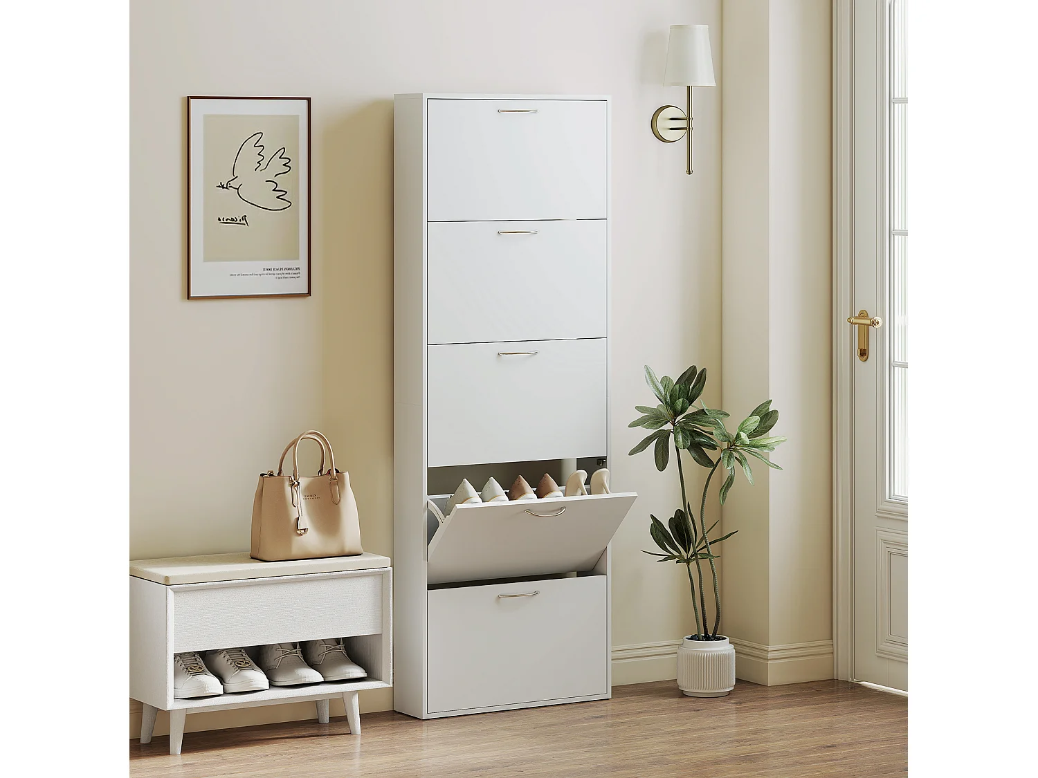 Mobile scarpiera a 5 ante 65x17x180.5 cm in legno bianco