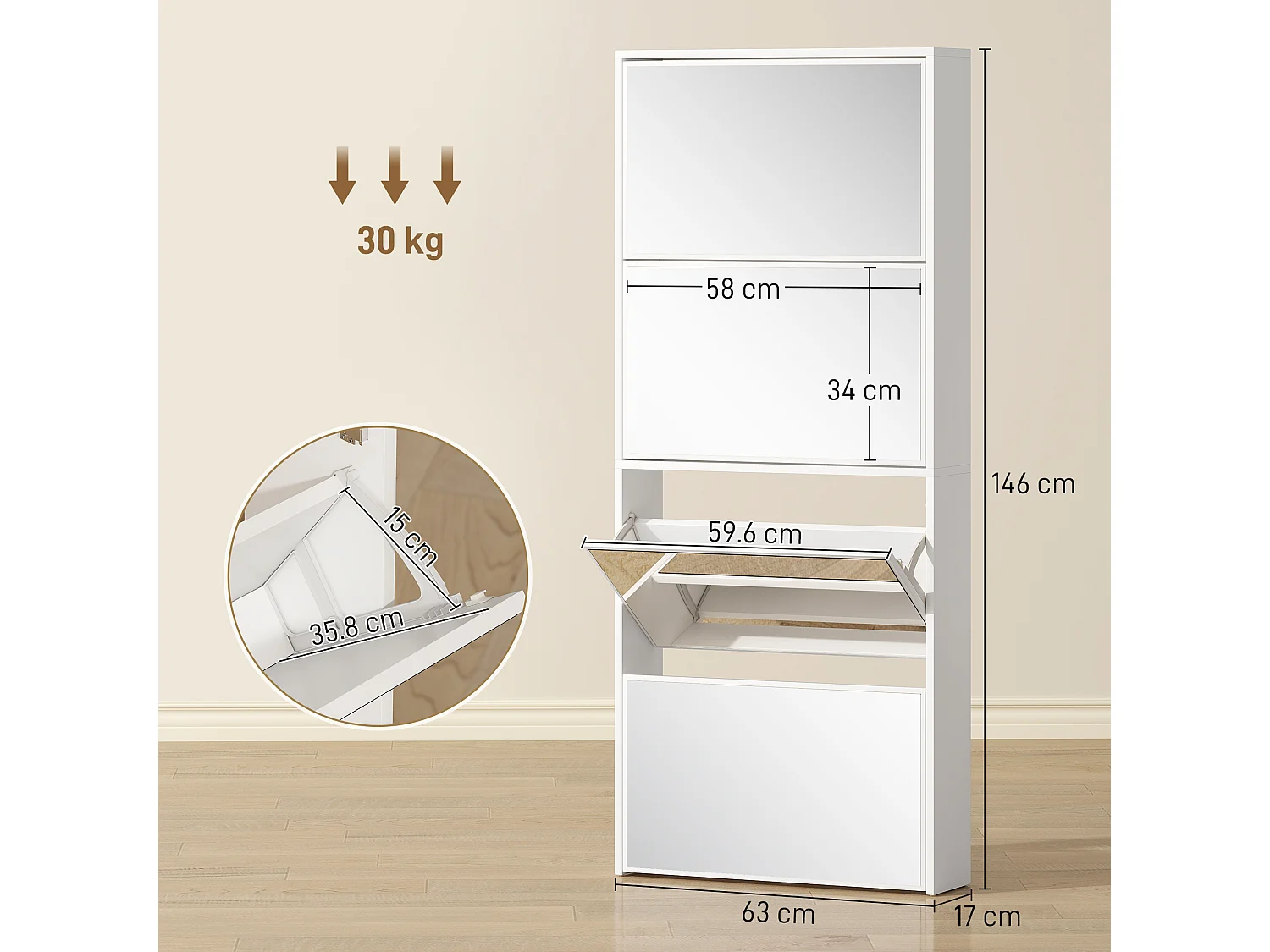 Mobile scarpiera a 4 ante a specchio 63x17x146 cm bianco