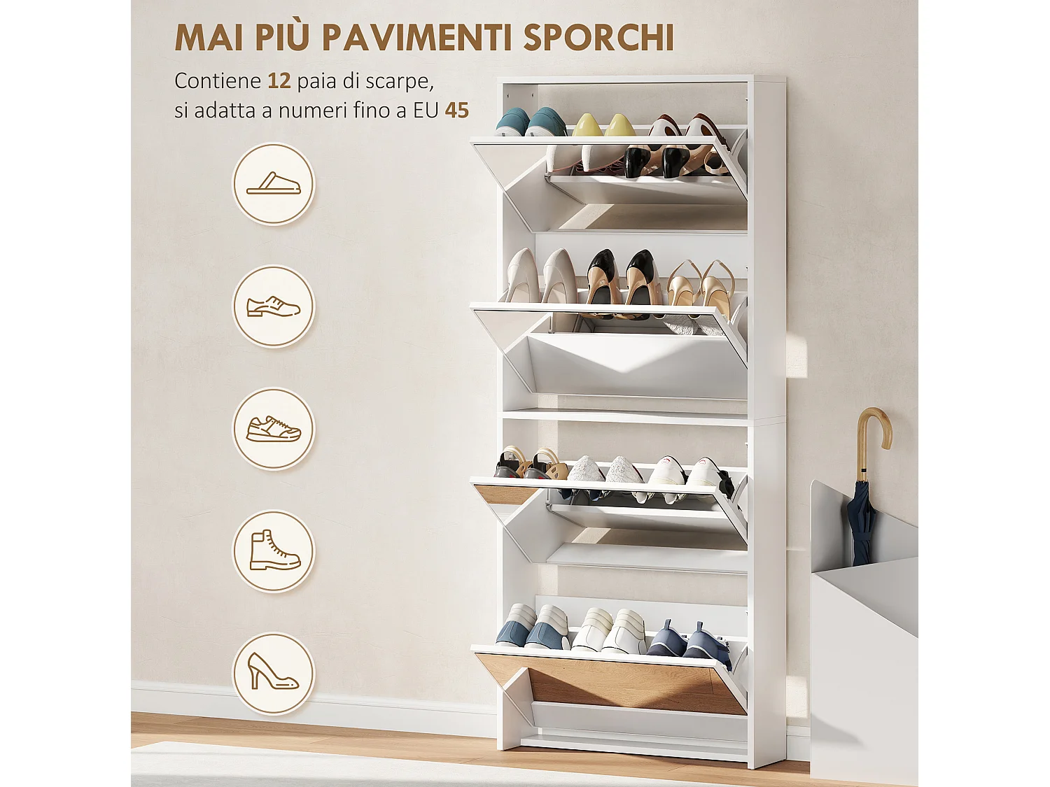 Mobile scarpiera a 4 ante a specchio 63x17x146 cm bianco