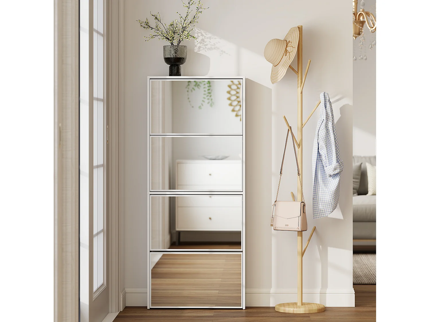 Mobile scarpiera a 4 ante a specchio 63x17x146 cm bianco