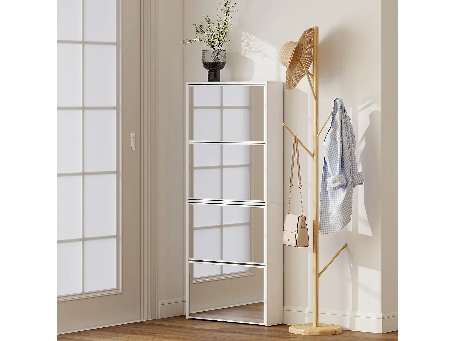 Mobile scarpiera a 4 ante a specchio 63x17x146 cm bianco