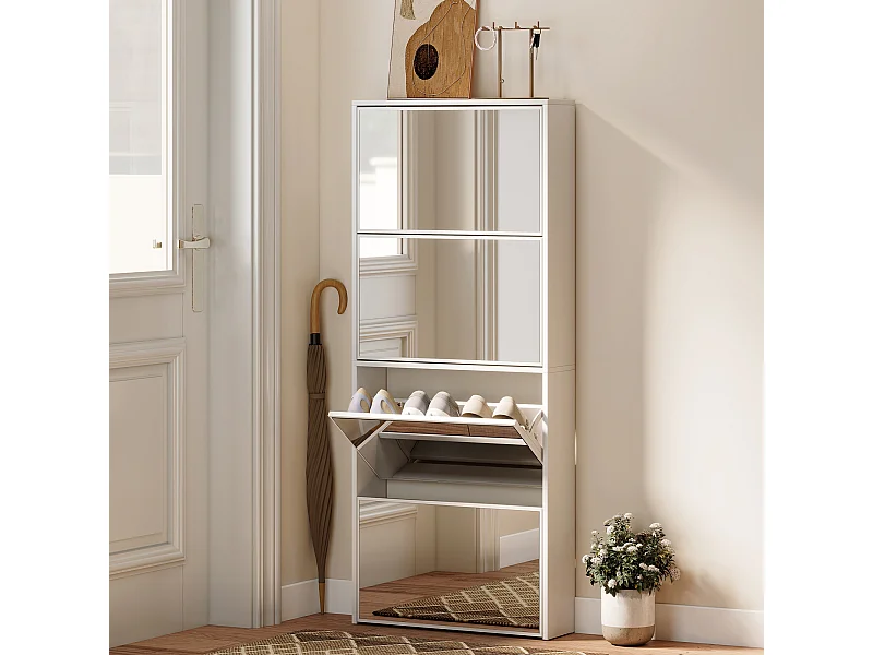 Mobile scarpiera a 4 ante a specchio 63x17x146 cm bianco