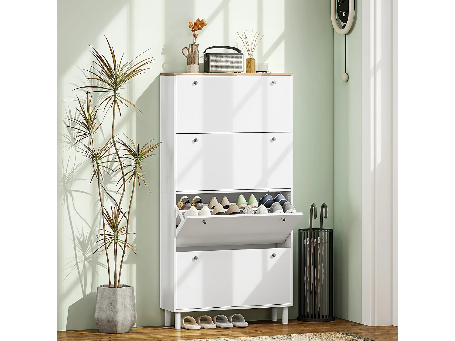 Scarpiera slim con 4 cassetti a ribalta per 24-32 scarpe bianco