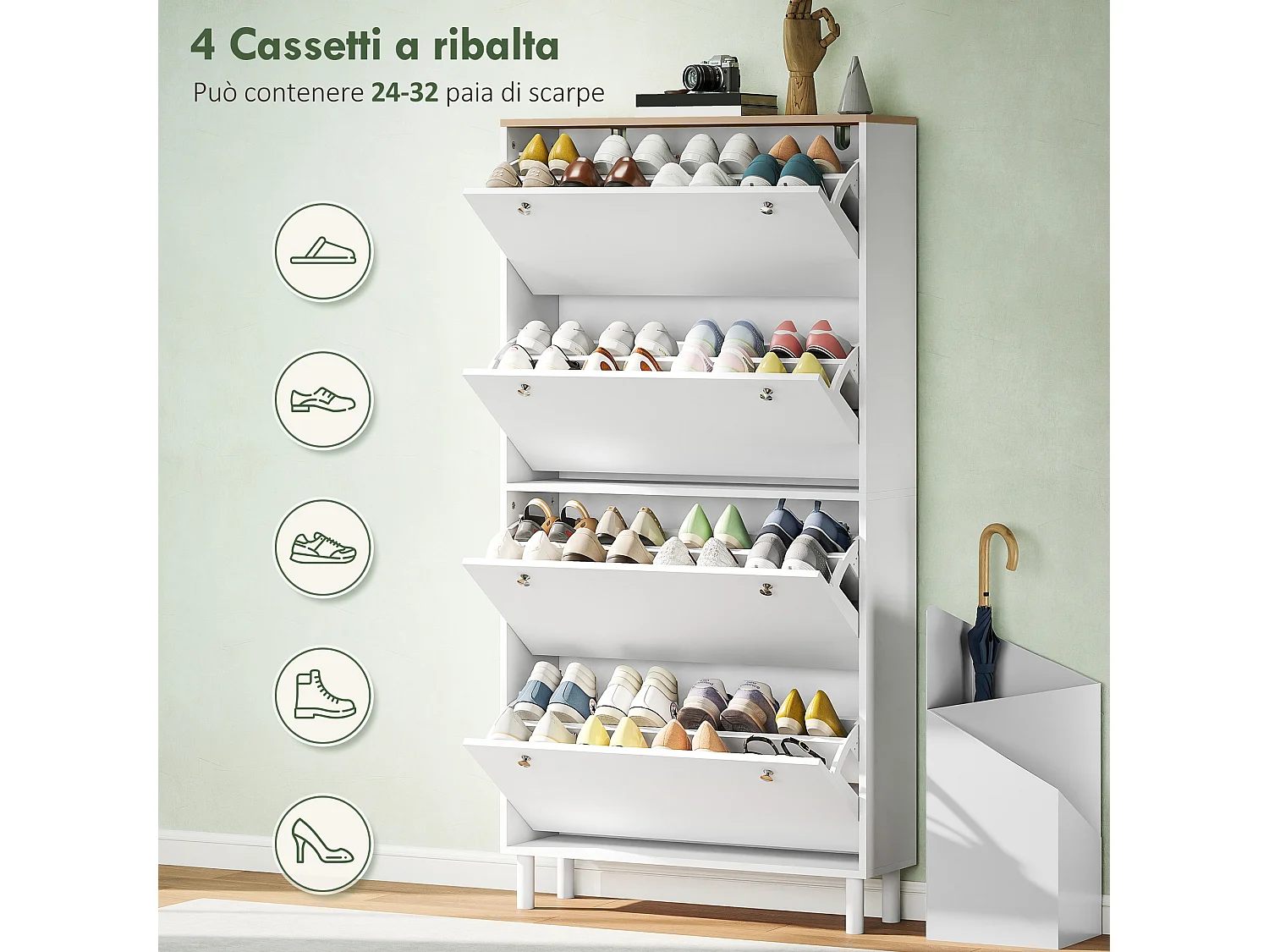 Scarpiera slim con 4 cassetti a ribalta per 24-32 scarpe bianco