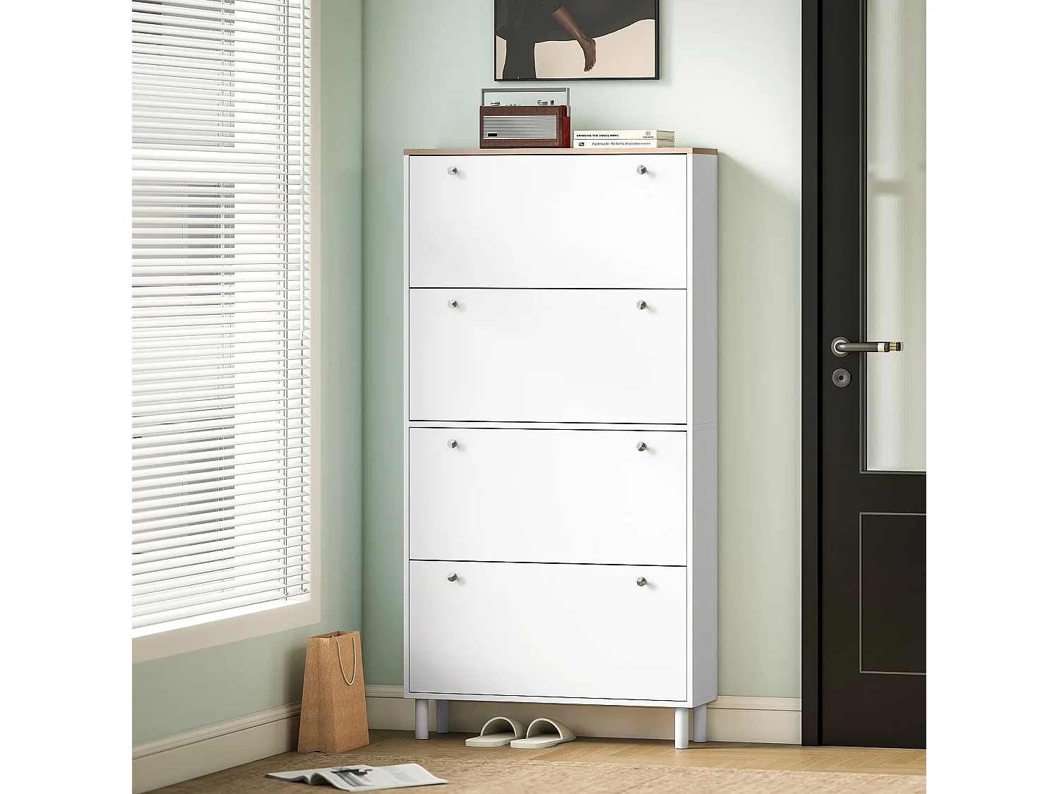 Scarpiera slim con 4 cassetti a ribalta per 24-32 scarpe bianco