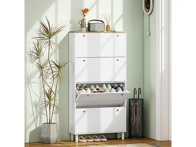 Scarpiera slim con 4 cassetti a ribalta per 24-32 scarpe bianco