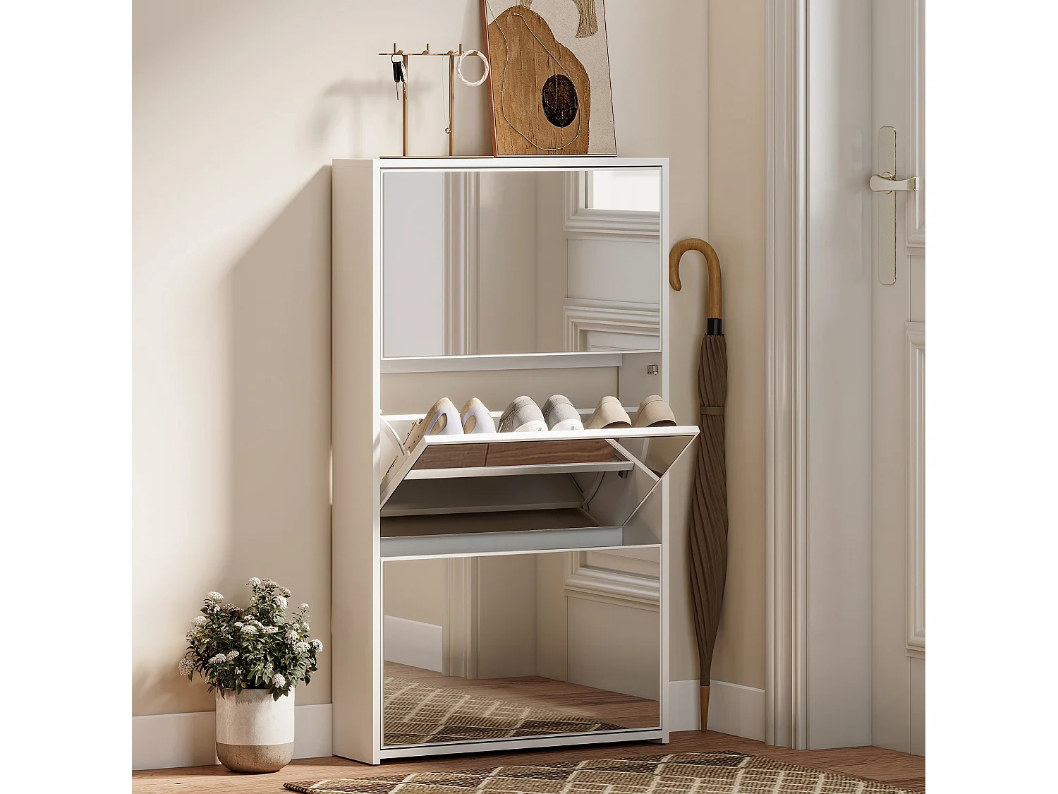 Scarpiera a specchio con 3 cassetti a ribalta 65x17x114.5 cm bianco