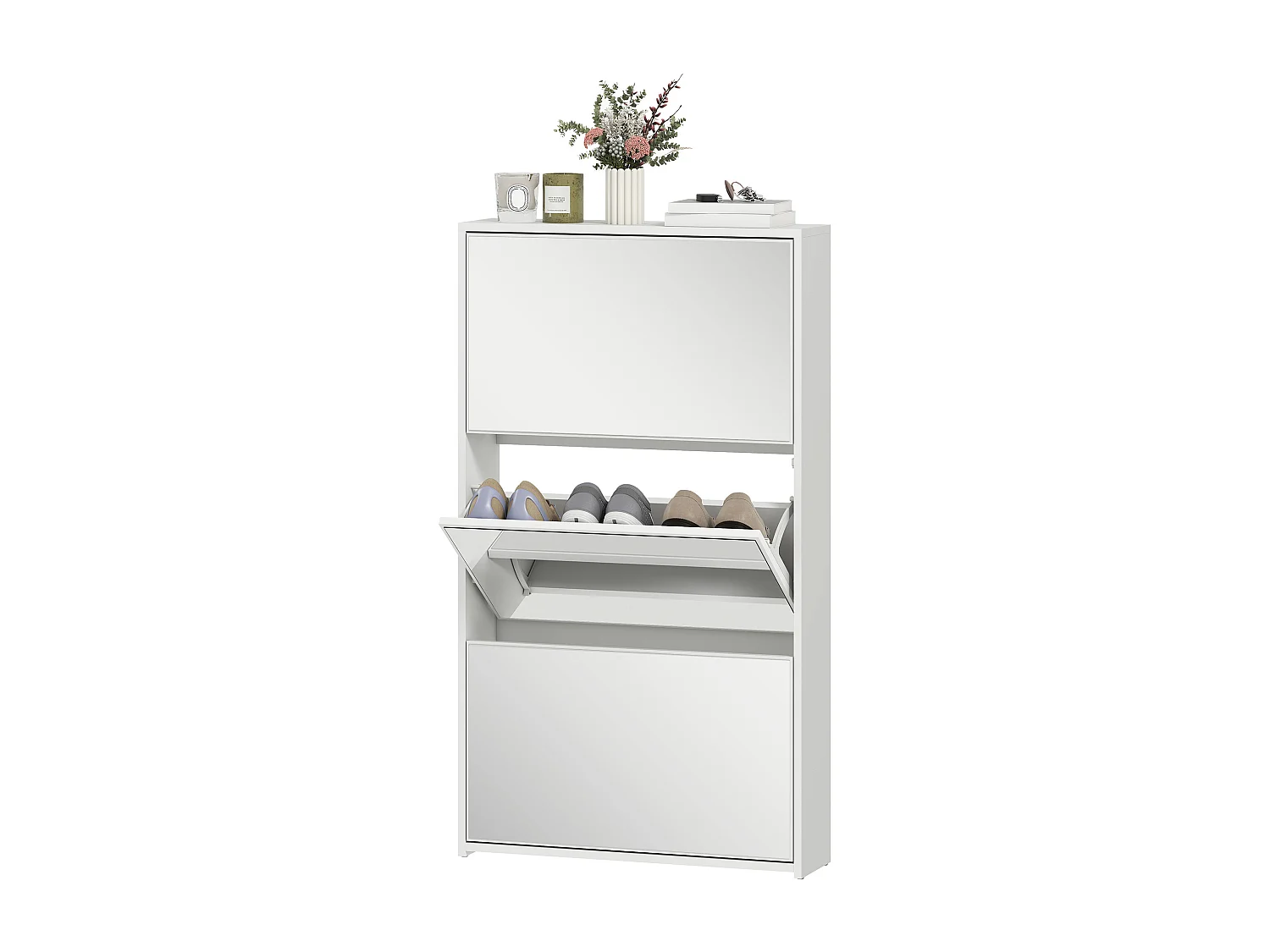 Scarpiera a specchio con 3 cassetti a ribalta 65x17x114.5 cm bianco