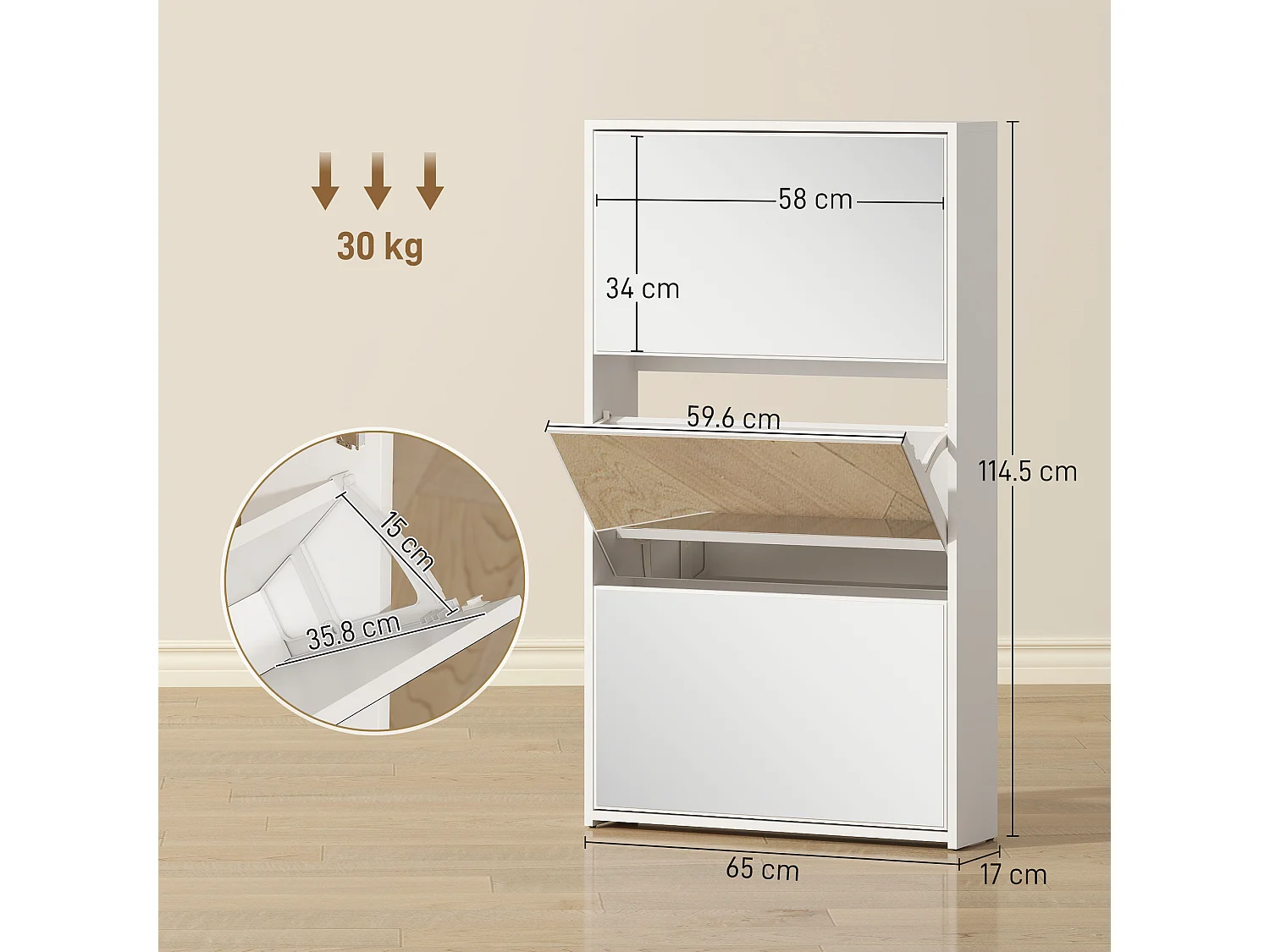 Scarpiera a specchio con 3 cassetti a ribalta 65x17x114.5 cm bianco