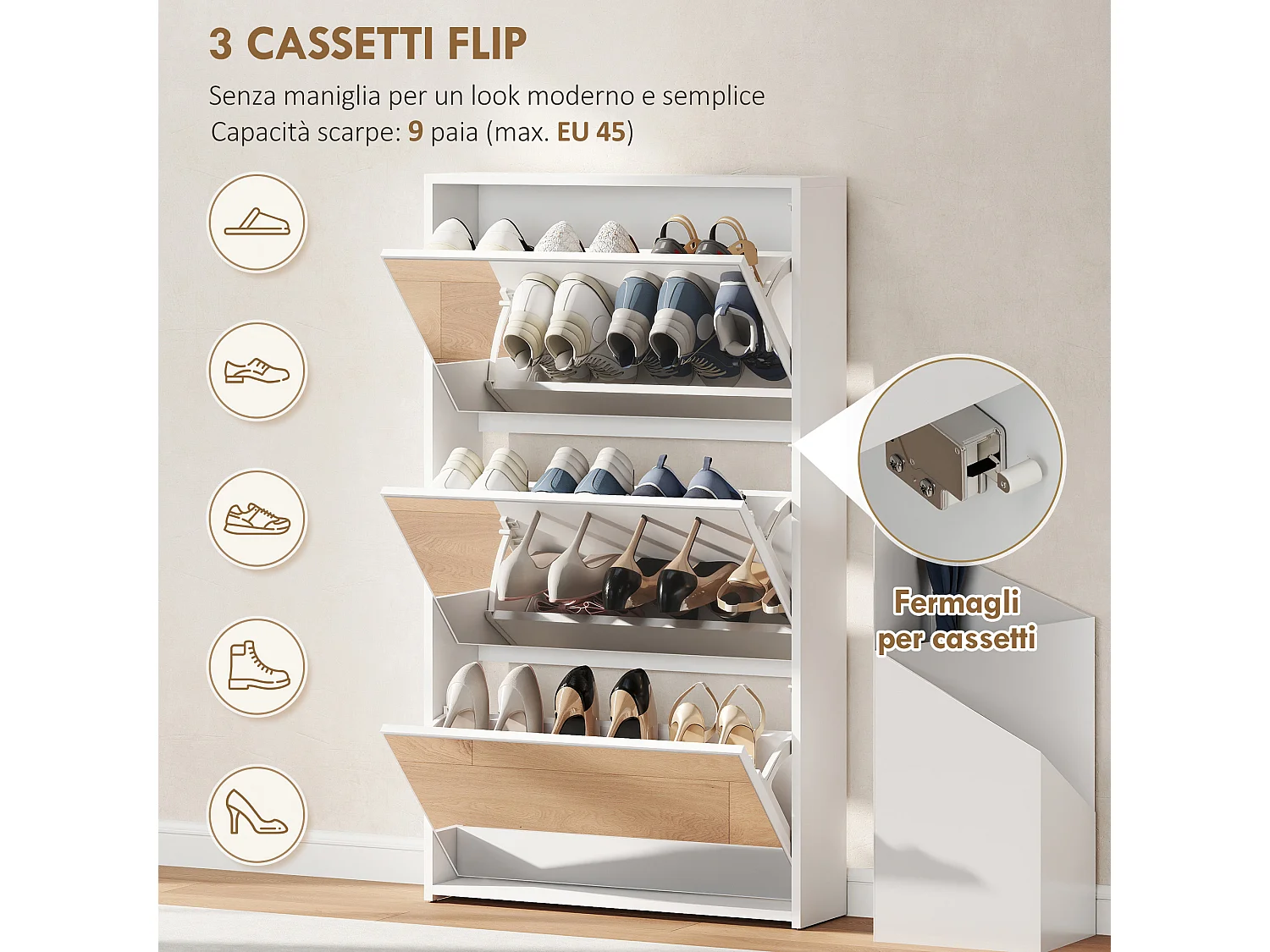 Scarpiera a specchio con 3 cassetti a ribalta 65x17x114.5 cm bianco