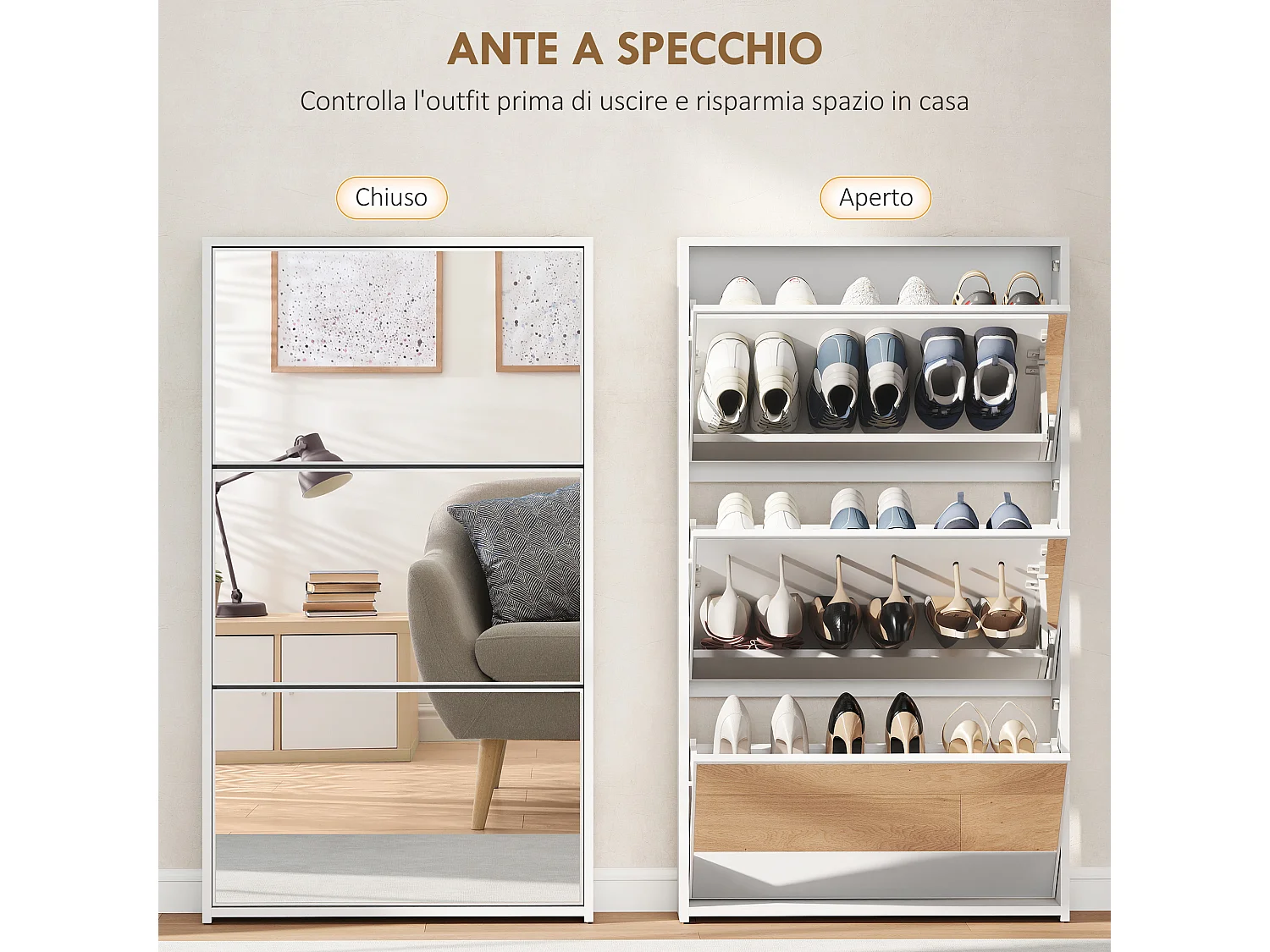 Scarpiera a specchio con 3 cassetti a ribalta 65x17x114.5 cm bianco