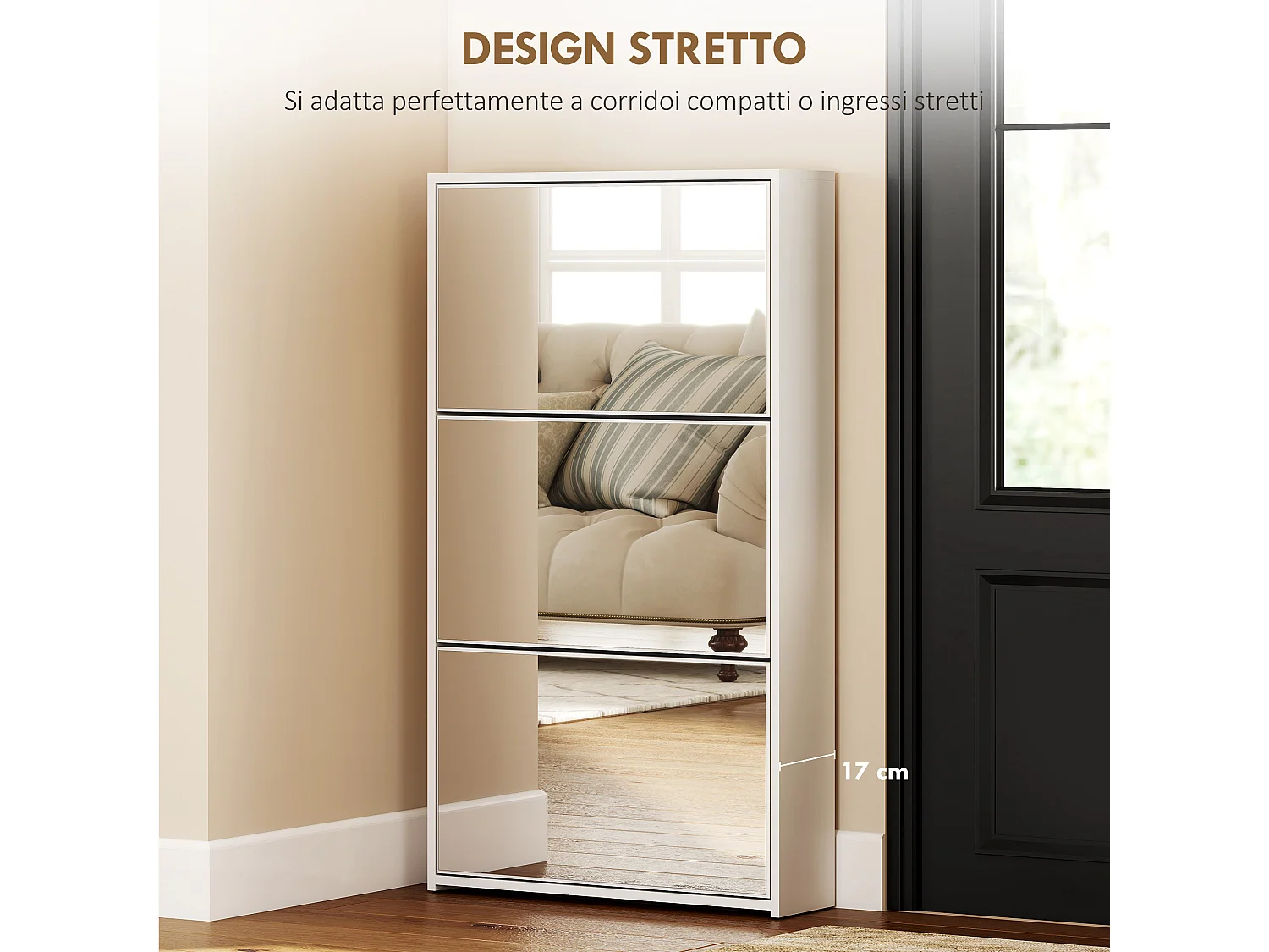 Scarpiera a specchio con 3 cassetti a ribalta 65x17x114.5 cm bianco