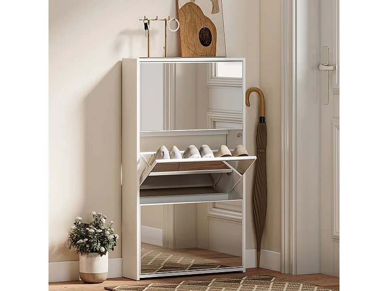 Scarpiera a specchio con 3 cassetti a ribalta 65x17x114.5 cm bianco