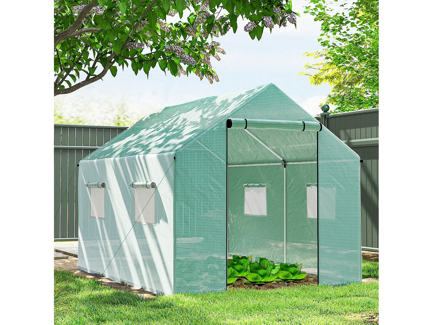 Serra a tunnel 2x3x2 m con tetto a punta in acciaio e pe verde