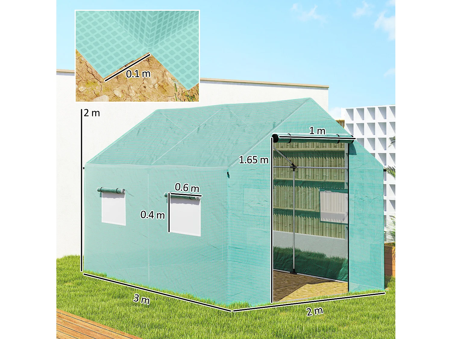 Serra a tunnel 2x3x2 m con tetto a punta in acciaio e pe verde