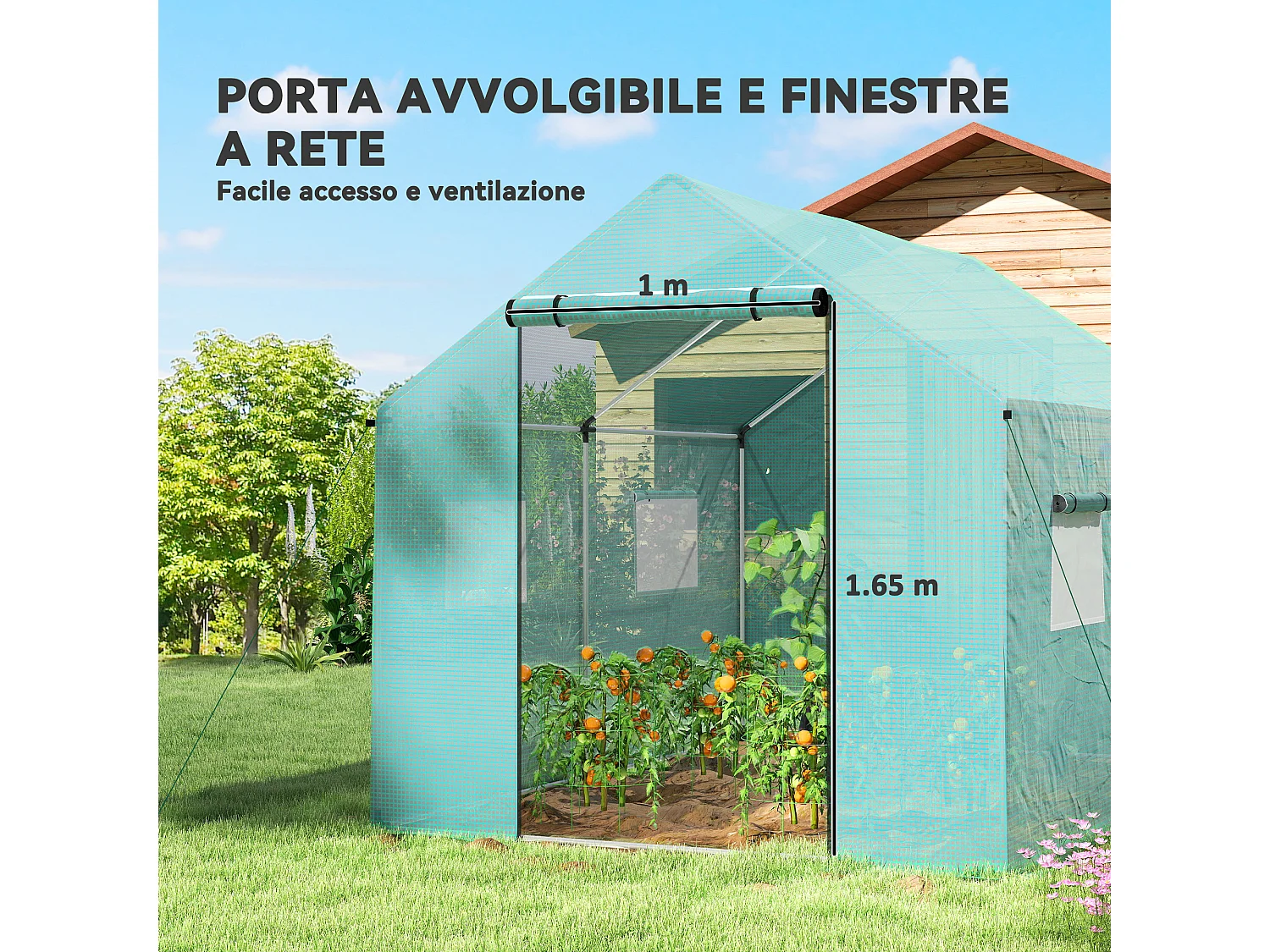 Serra a tunnel 2x3x2 m con tetto a punta in acciaio e pe verde