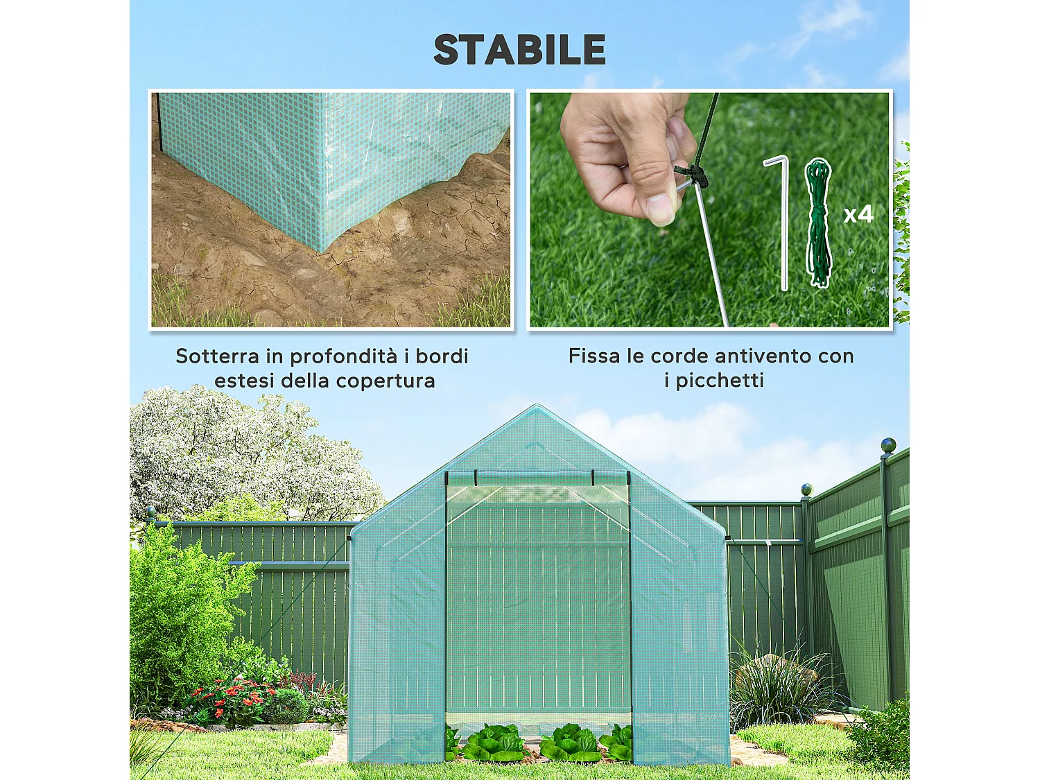 Serra a tunnel 2x3x2 m con tetto a punta in acciaio e pe verde