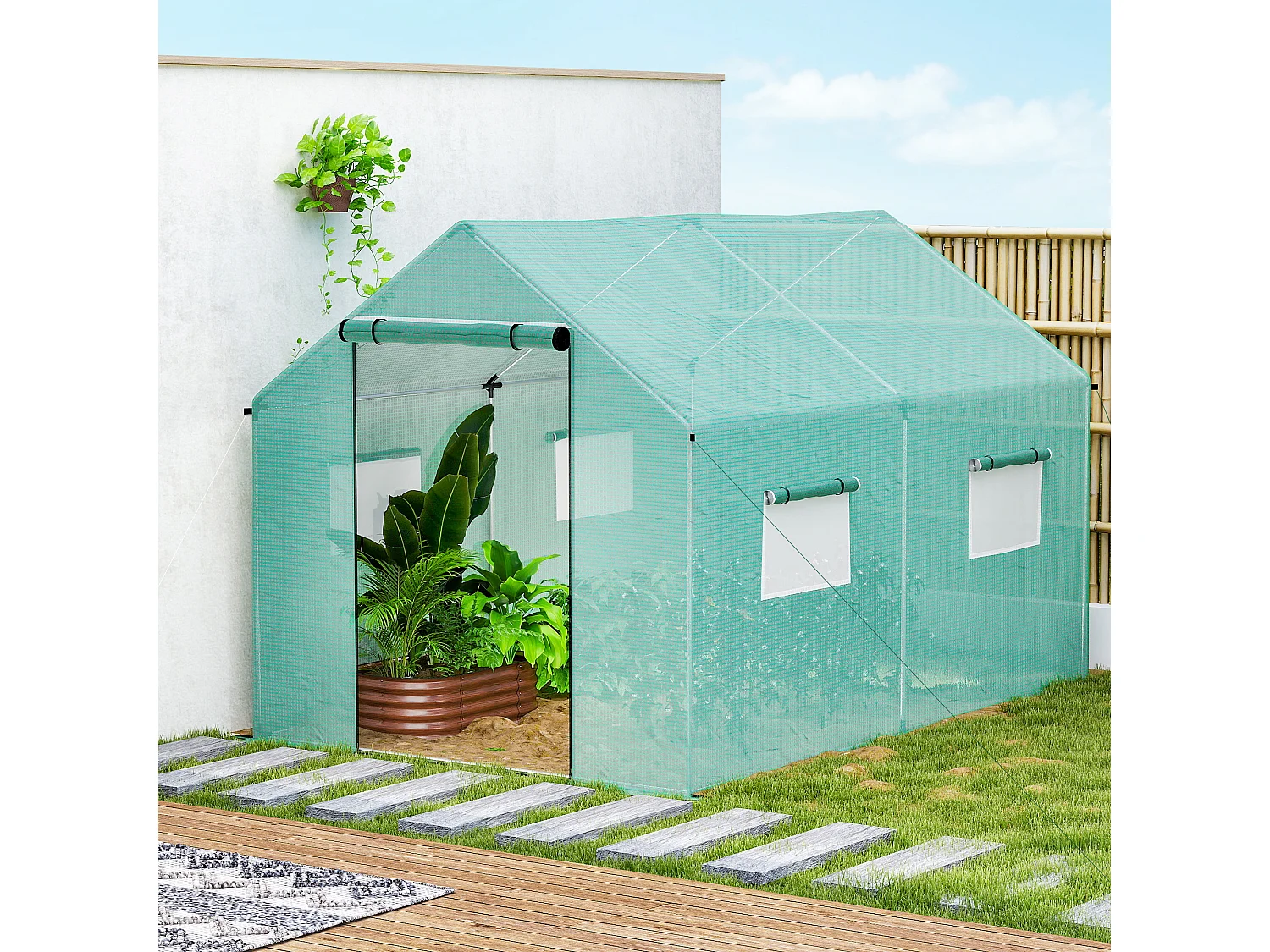 Serra a tunnel 2x3x2 m con tetto a punta in acciaio e pe verde