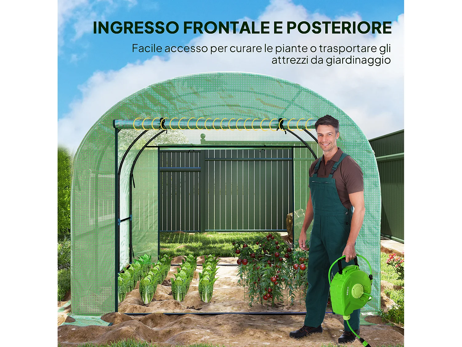 Serra a tunnel per orto 3x3x2 m in acciaio e pe anti uv verde