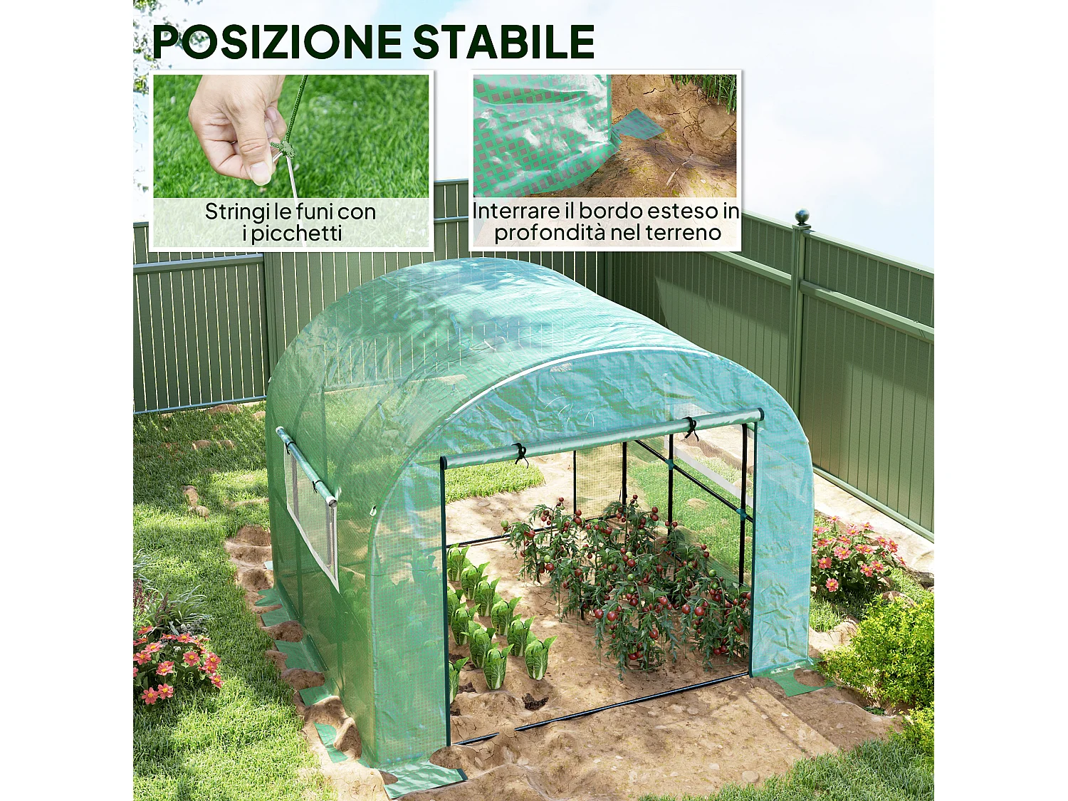 Serra a tunnel per orto 3x3x2 m in acciaio e pe anti uv verde