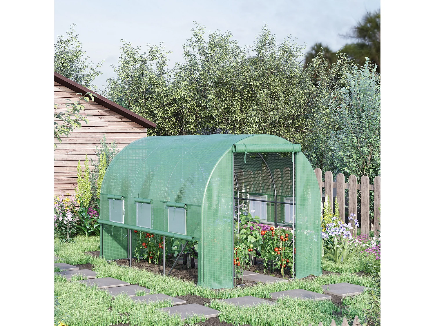 Serra a tunnel in pe e acciaio con porta e 6 finestre 3x2x2 m verde