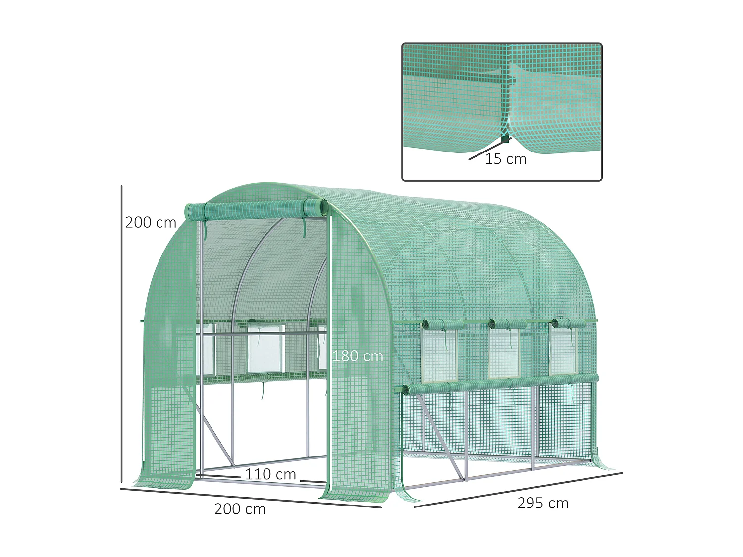 Serra a tunnel in pe e acciaio con porta e 6 finestre 3x2x2 m verde