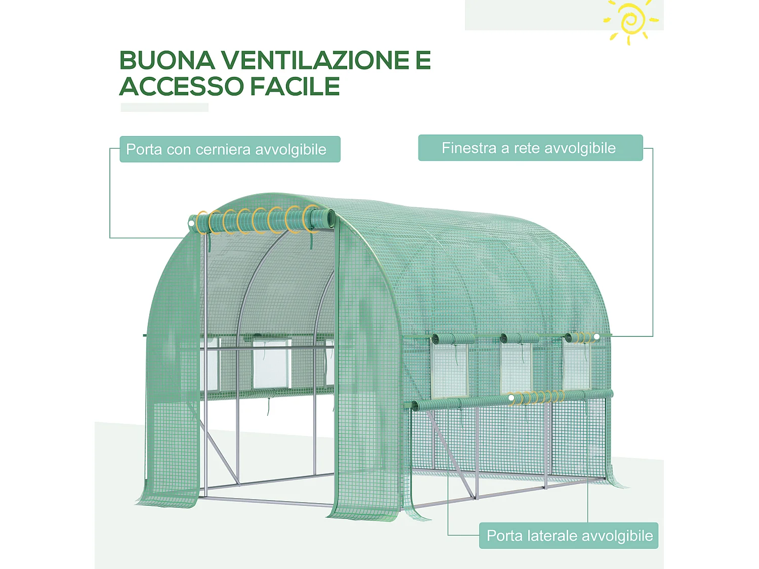 Serra a tunnel in pe e acciaio con porta e 6 finestre 3x2x2 m verde