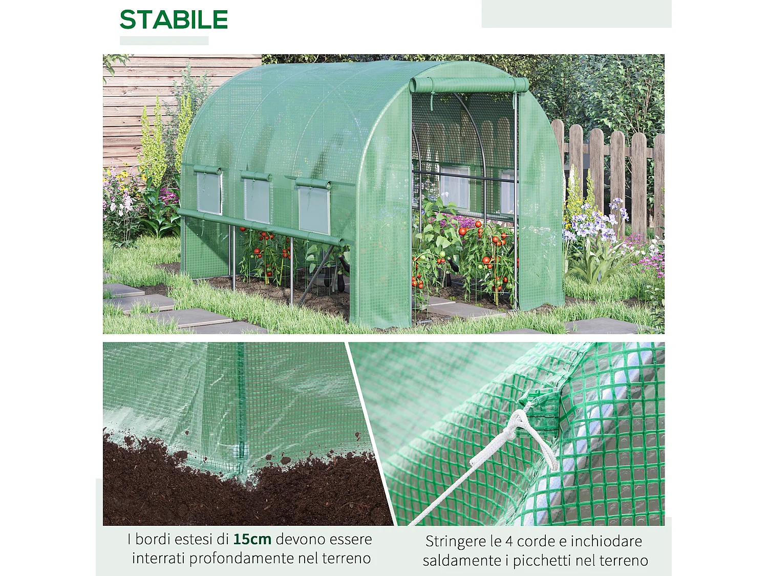 Serra a tunnel in pe e acciaio con porta e 6 finestre 3x2x2 m verde